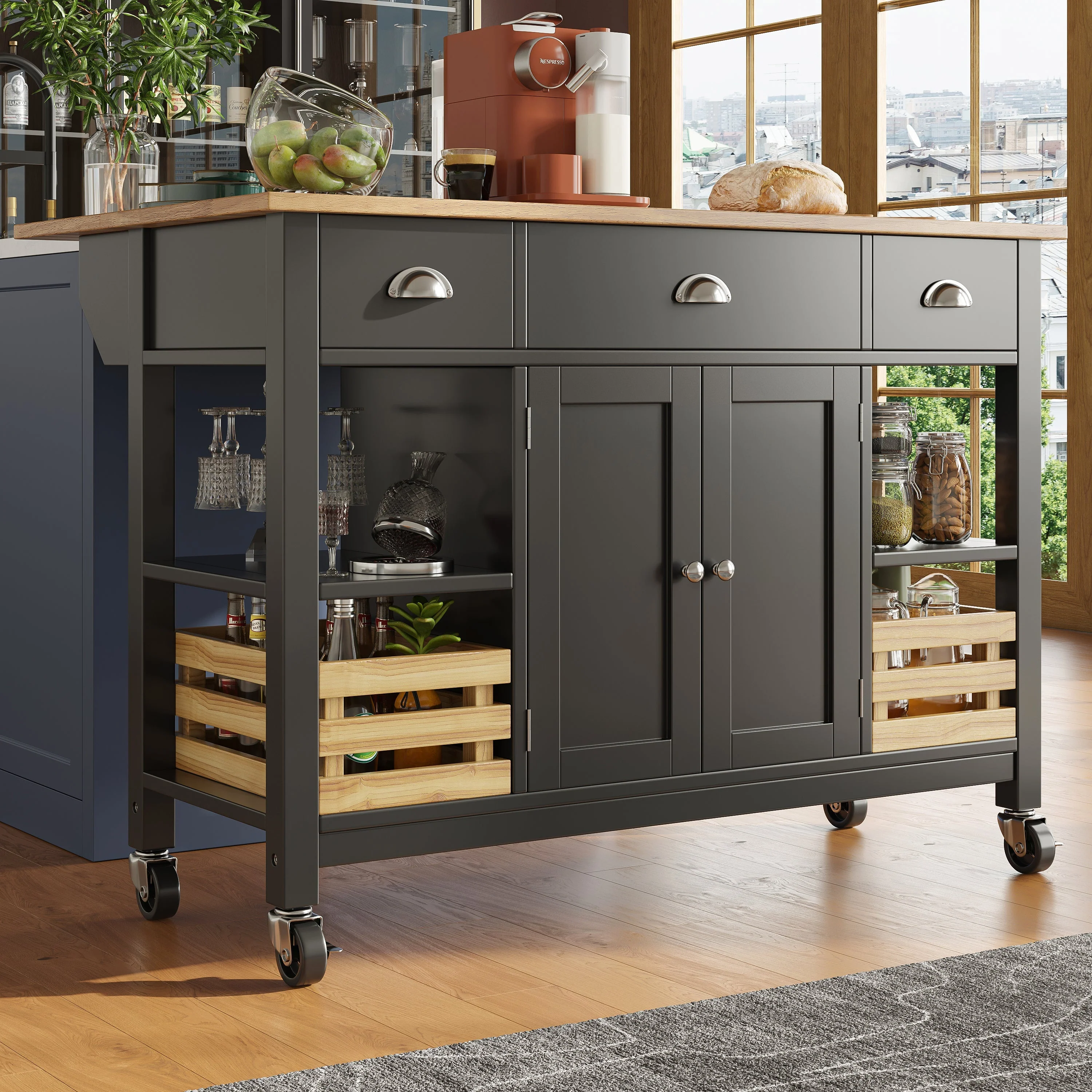 Rolling Kitchen Island Storage Trolley with Large Cabinet, 3 Drawers, Spice Rack, Adjustable Shelf, Dining Room Organiser Sideboard Cupboard Cabinet Cart, Black - Image 3
