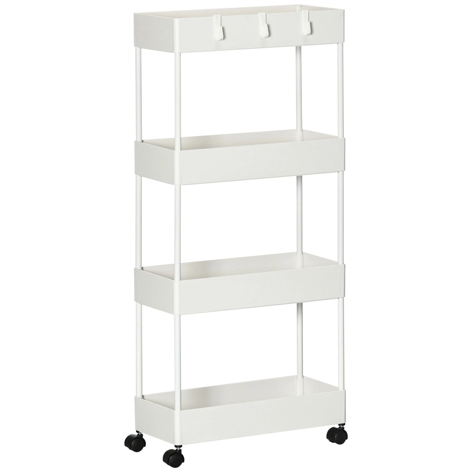 Rolling Kitchen Shelf, 4-Tier Storage with Wheels & Brakes, White