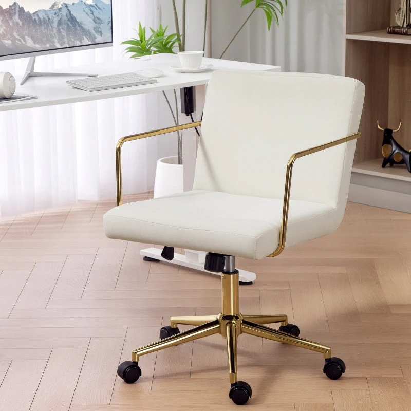Rolling Office Chair Gold Accents Velvet Look Metal Base - Cream White - Image 2