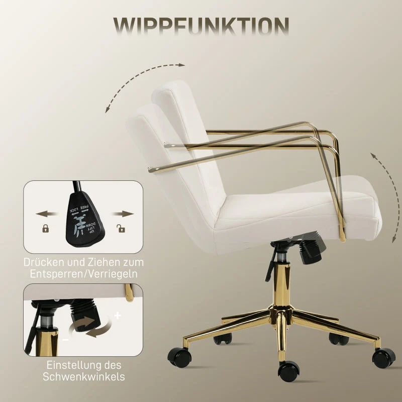 Rolling Office Chair Gold Accents Velvet Look Metal Base - Cream White - Image 5