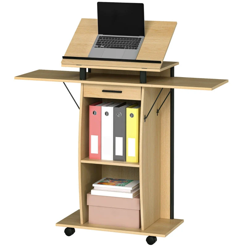Rolling Podium Stand, Folding Side Wings & Shelves, Oak - Image 8