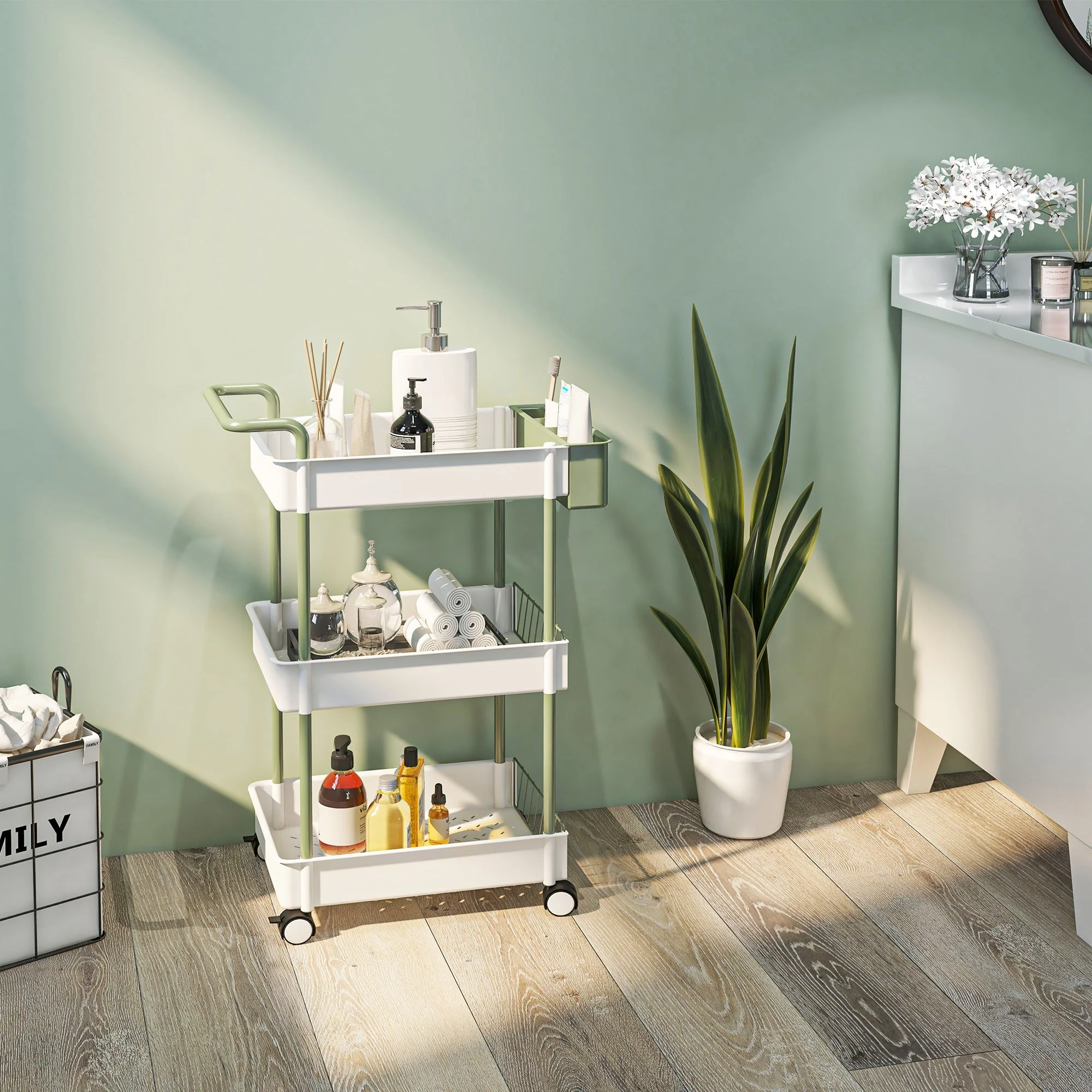 Rolling Serving Cart, 3 Tier Hanging Basket, Steel White