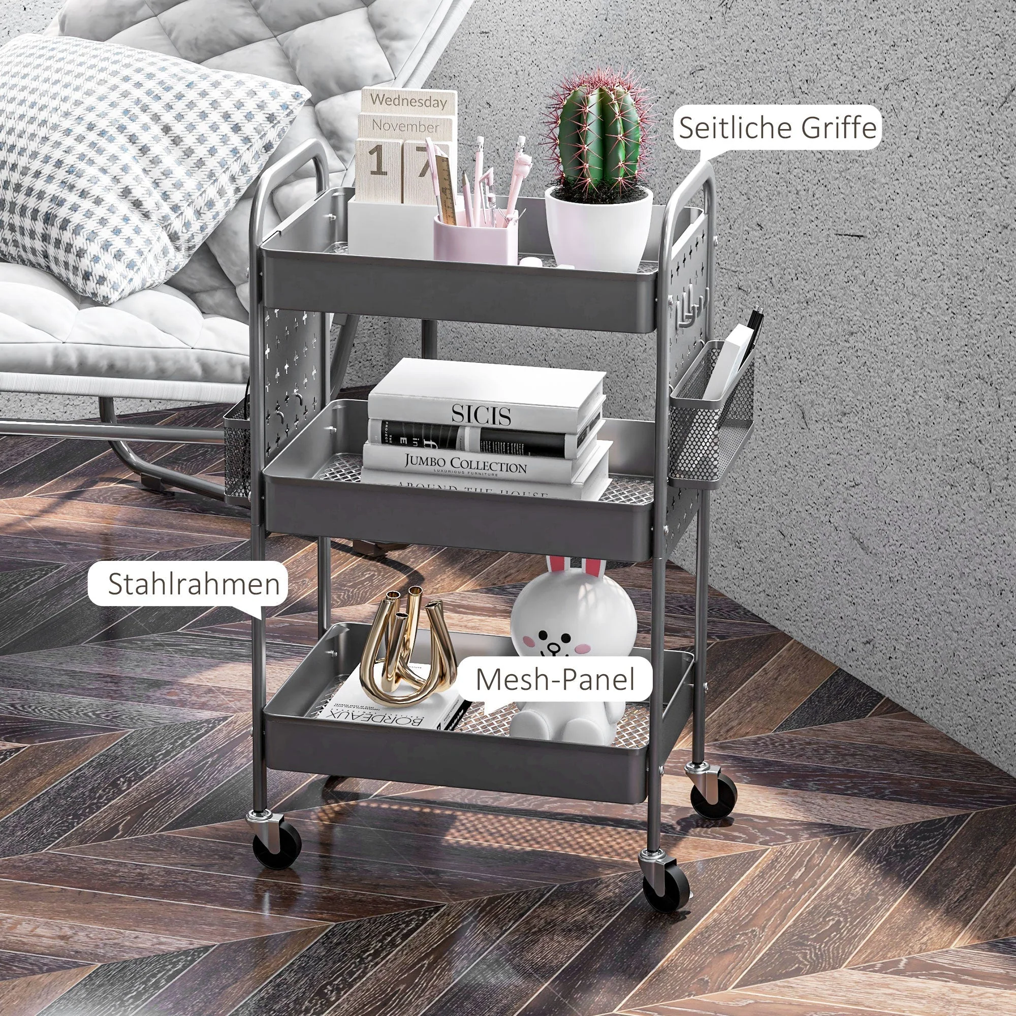 Rolling Serving Cart, 3 Tiers, 2 Baskets, Steel, Dark Grey - Image 6