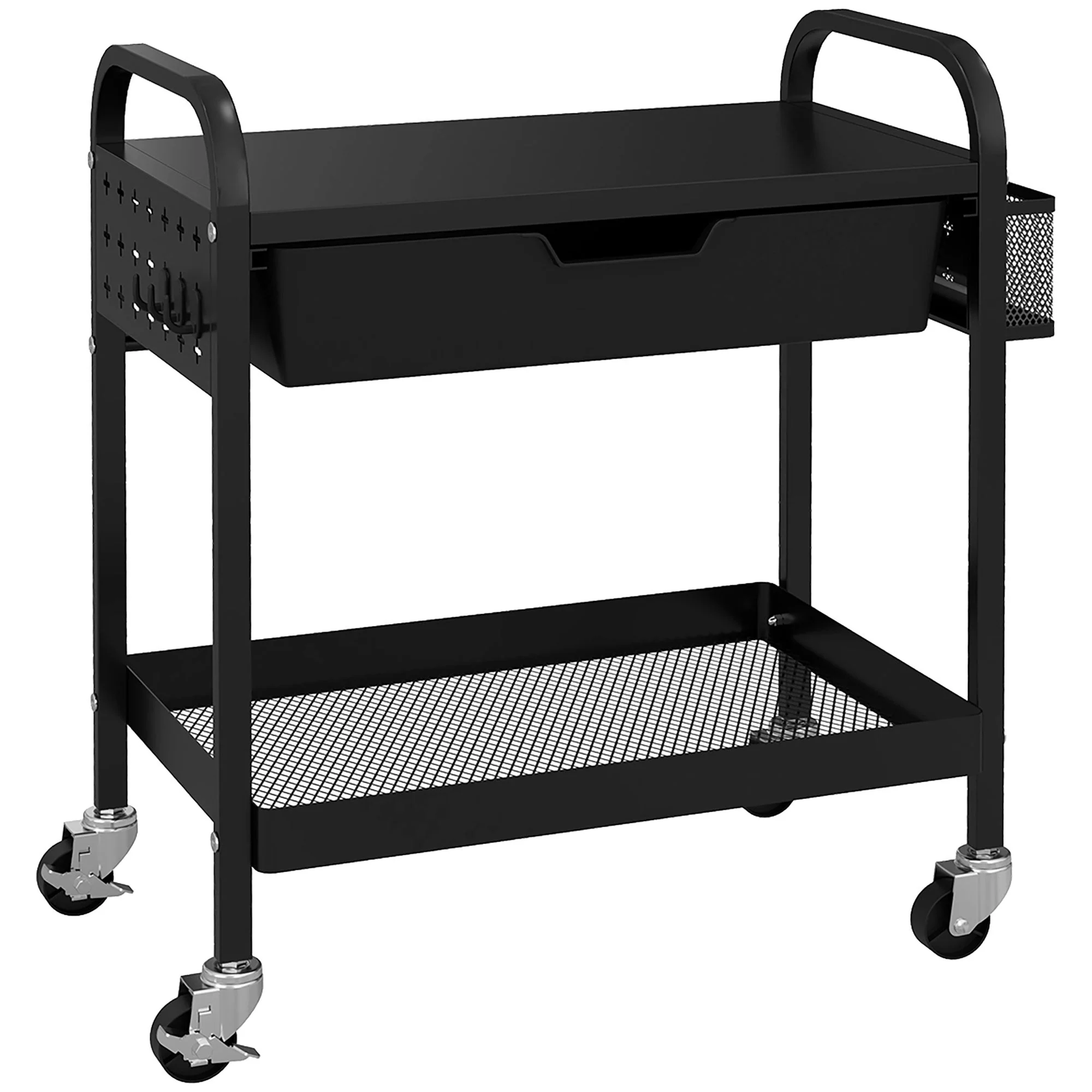 Rolling/Serving/Storage Trolley, 1 Drawer 1 Shelf with Hooks, Steel Black - Image 2