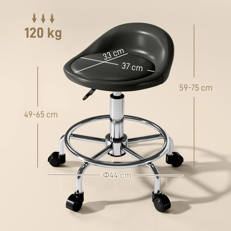 Rolling Stool, Adjustable Swivel with Backrest, Black - Image 3