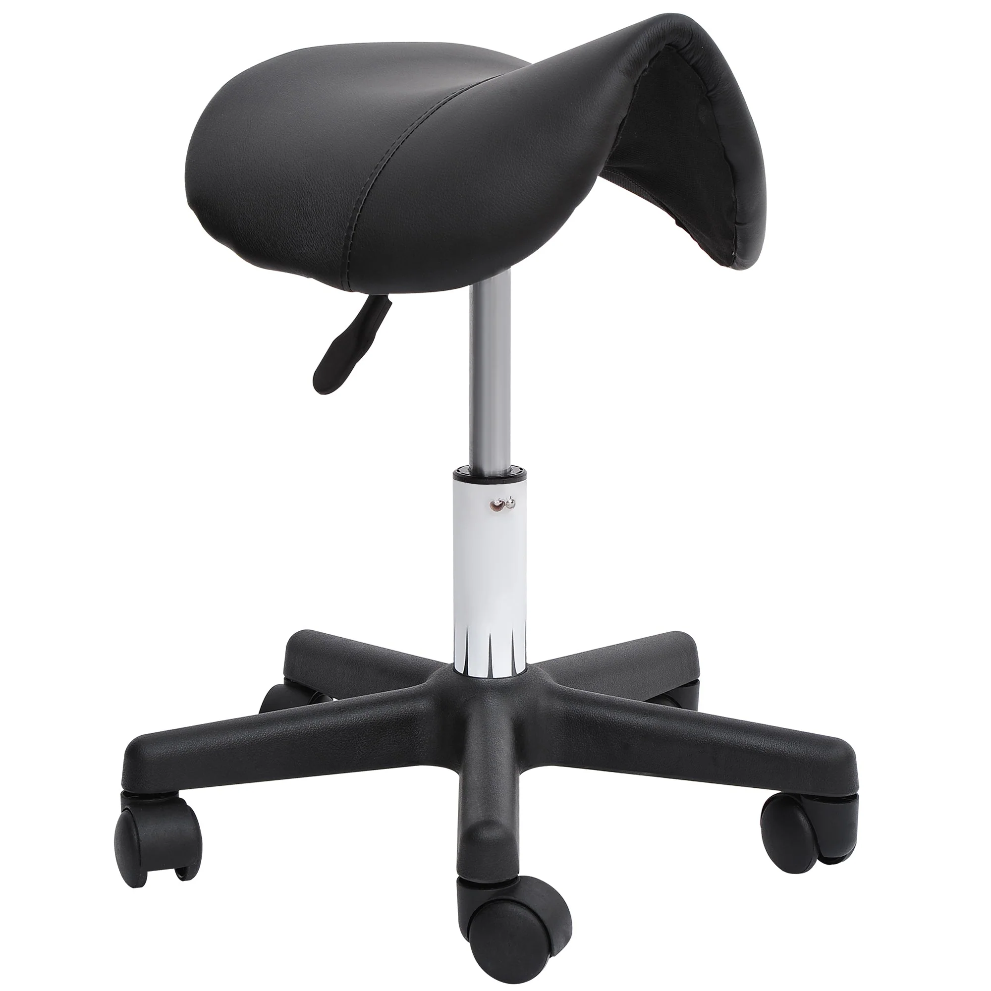 Rolling Stool, Height-Adjustable Swivel with Wheels, Black Faux Leather