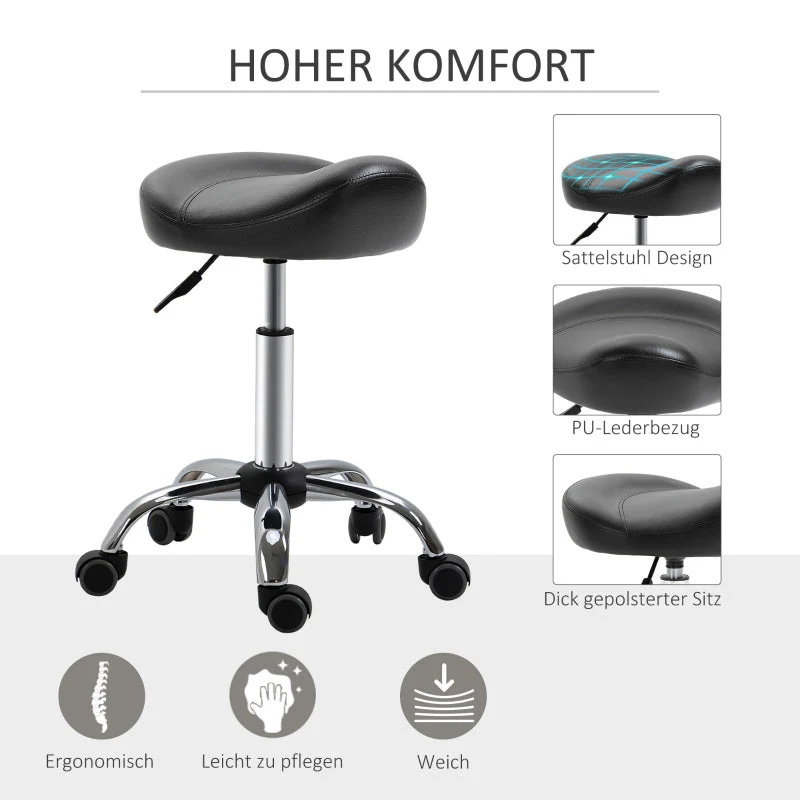 Rolling Stool Height Adjustable Work Stool, Rotatable Faux Leather Black - Image 5