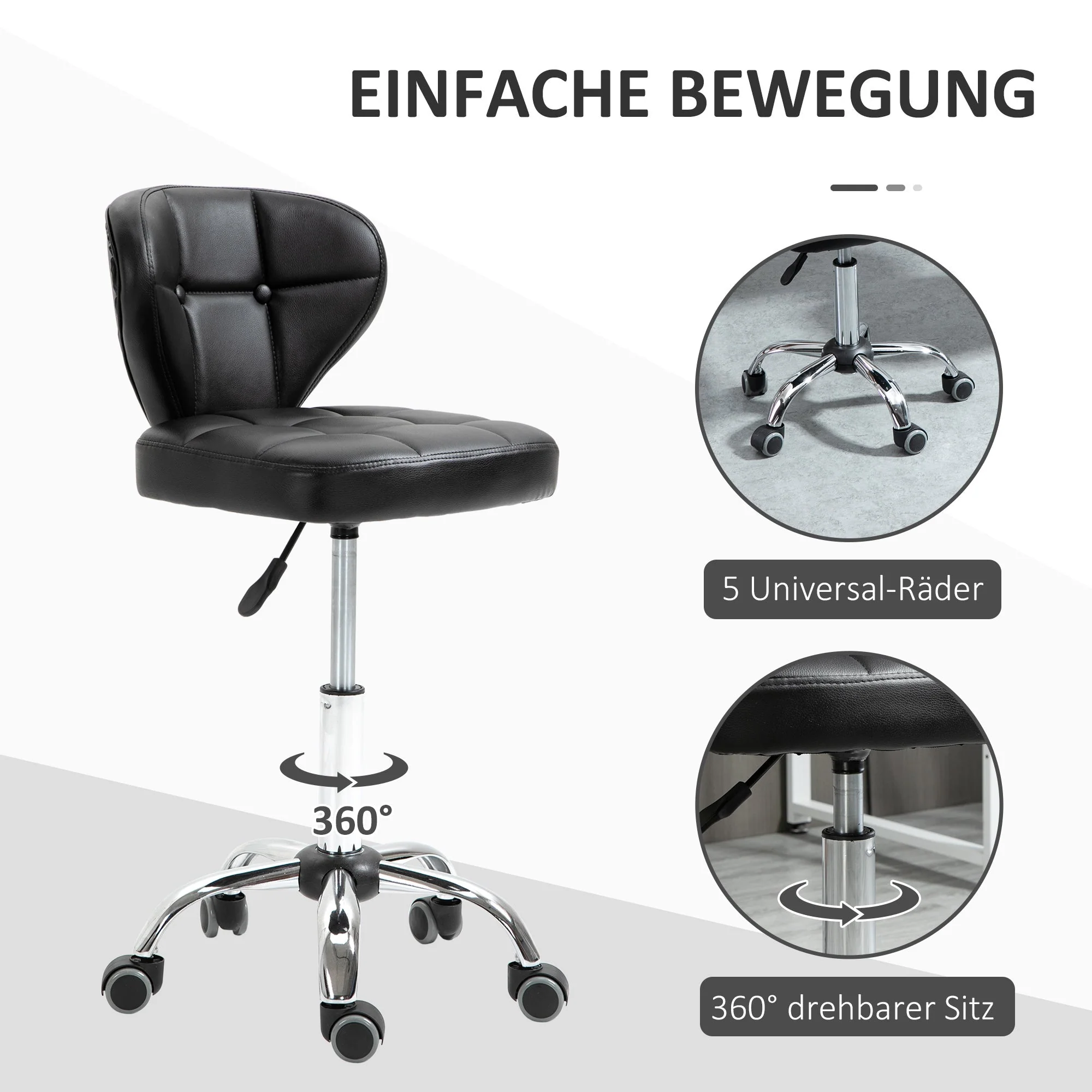 Rolling Stools, Set of 2, Swivel, Height-Adjustable, Dark Grey Faux Leather & Steel - Image 4