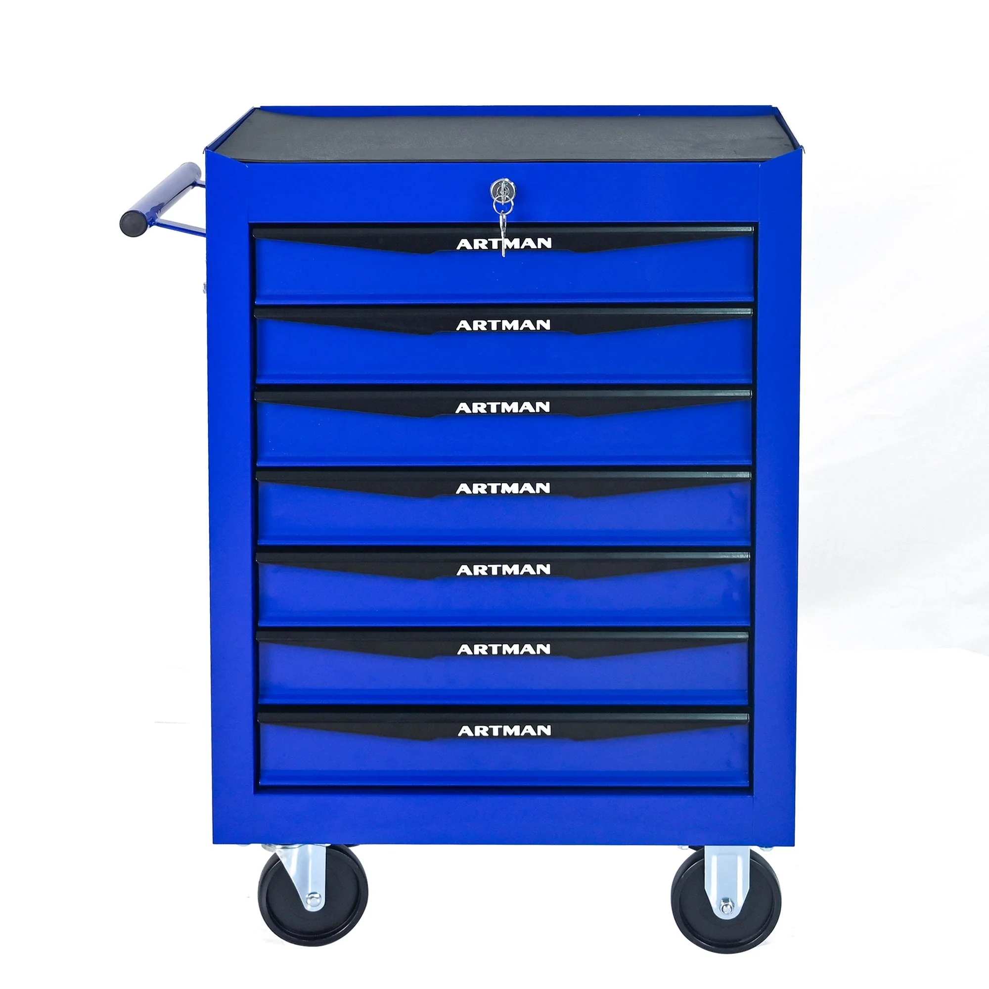 Rolling Tool Cabinet with 7 Drawers, Ball Bearing Slides, Steel Black & Blue