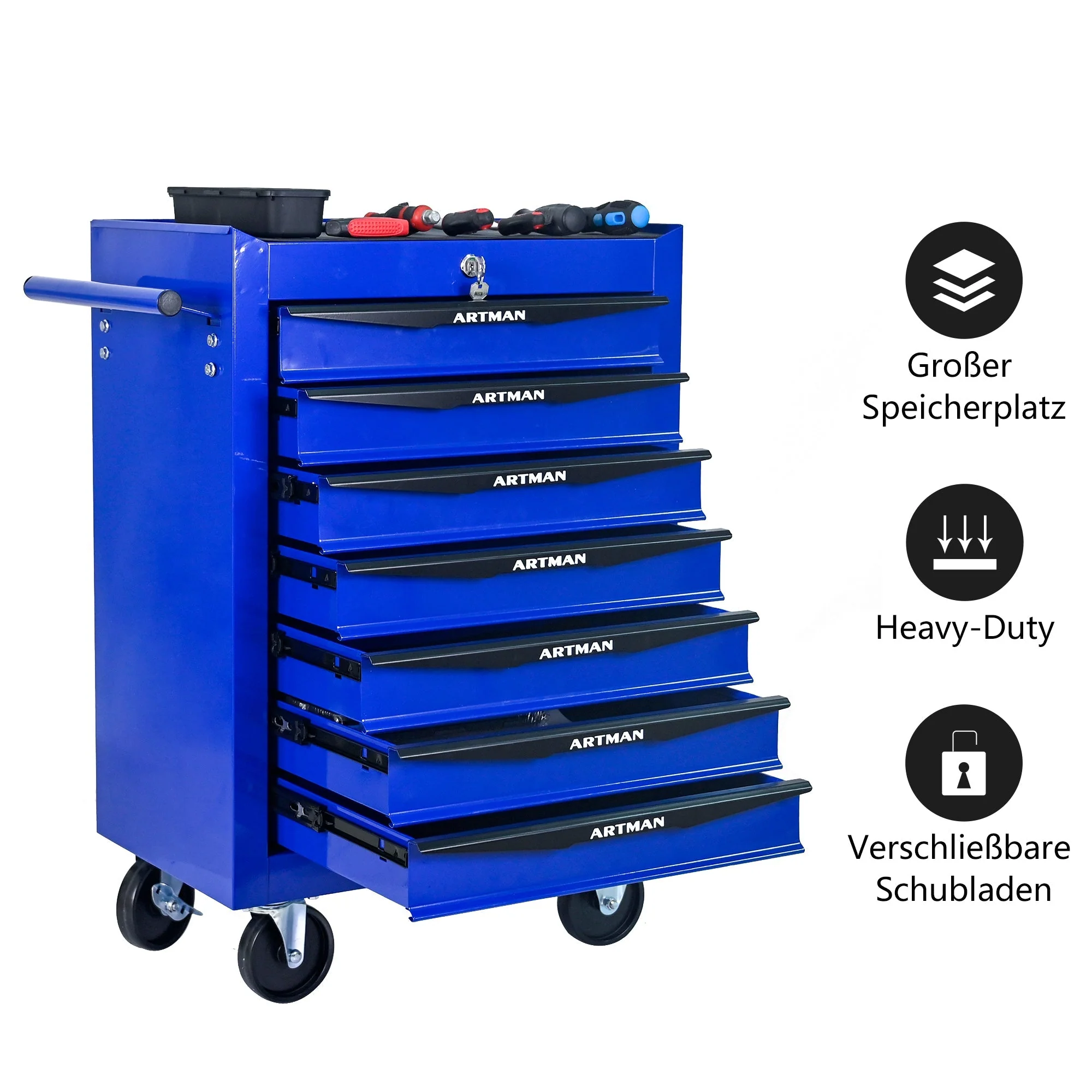 Rolling Tool Cabinet with 7 Drawers, Ball Bearing Slides, Steel Black & Blue - Image 2