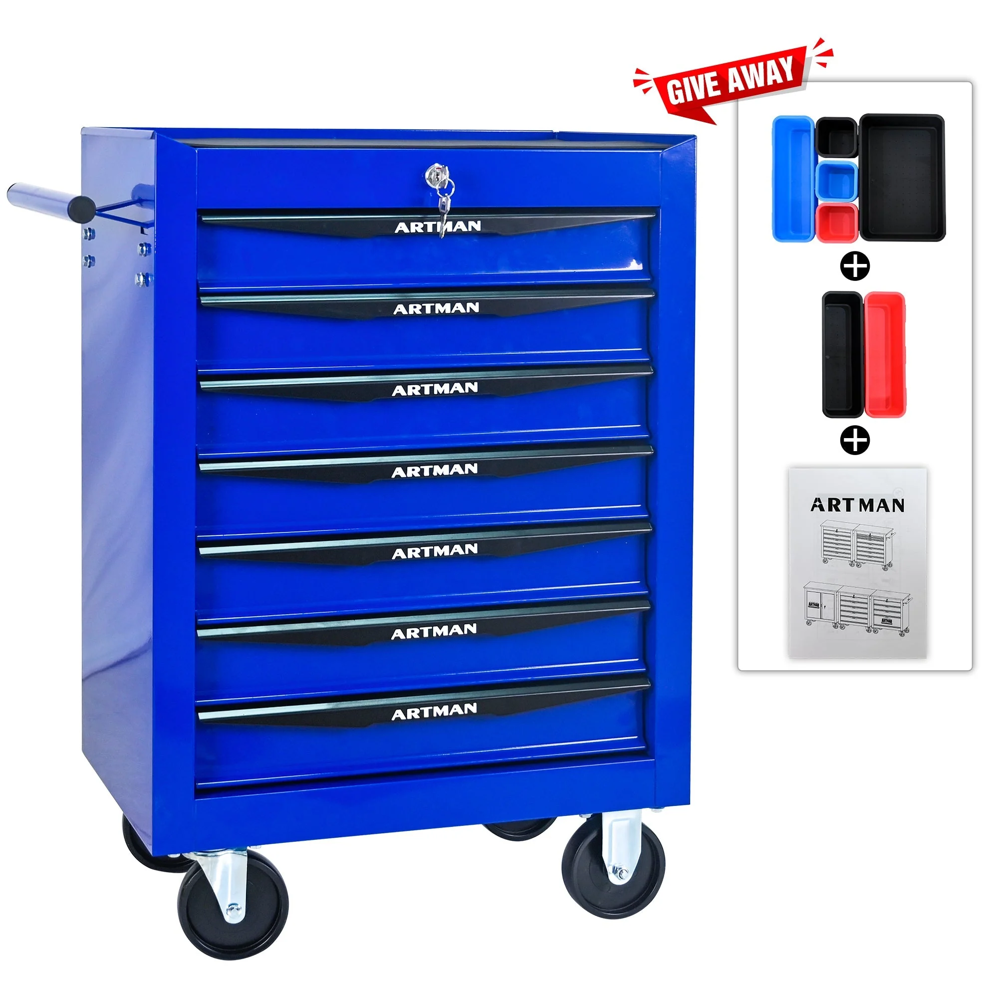 Rolling Tool Cabinet with 7 Drawers, Ball Bearing Slides, Steel Black & Blue - Image 3
