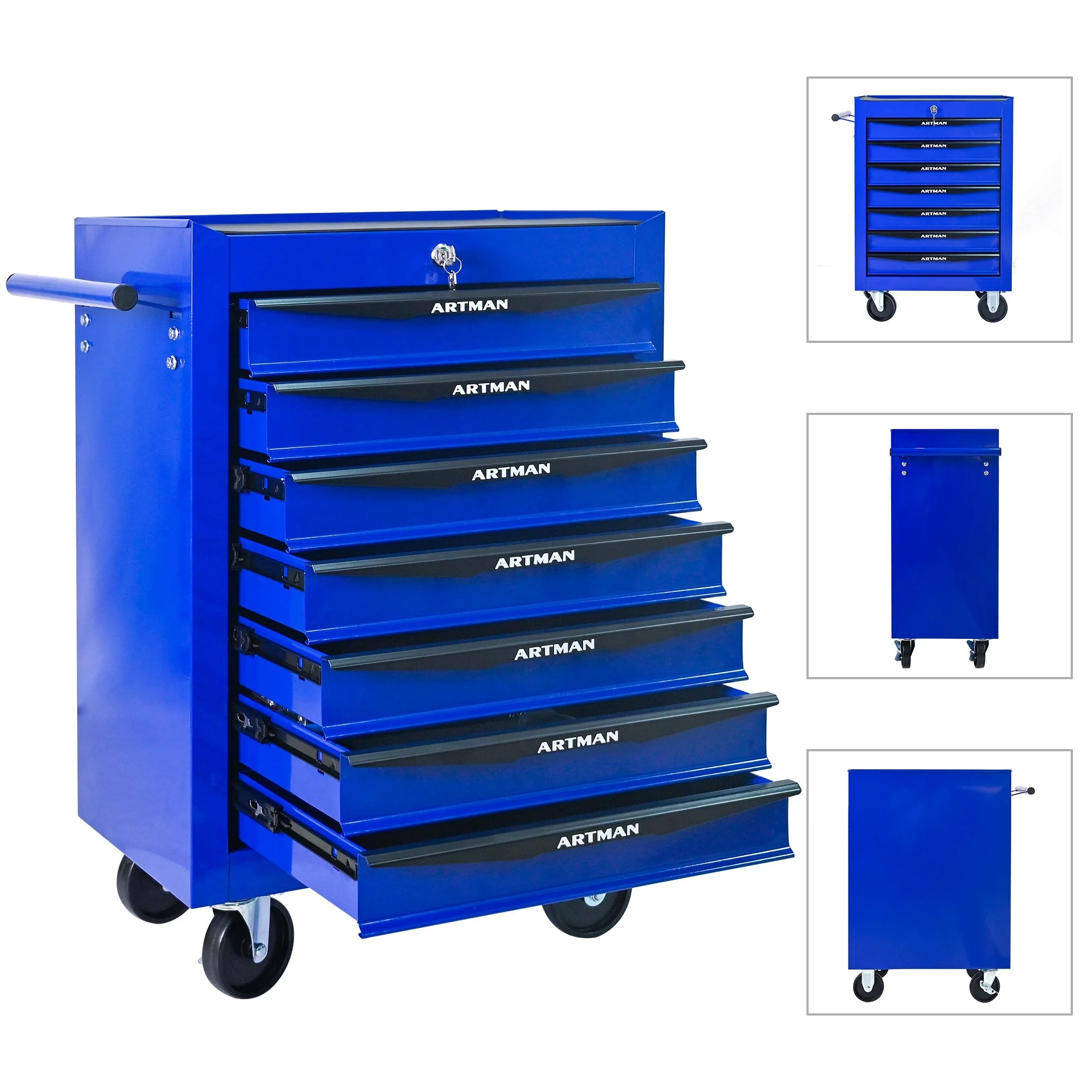 Rolling Tool Cabinet with 7 Drawers, Ball Bearing Slides, Steel Black & Blue - Image 4