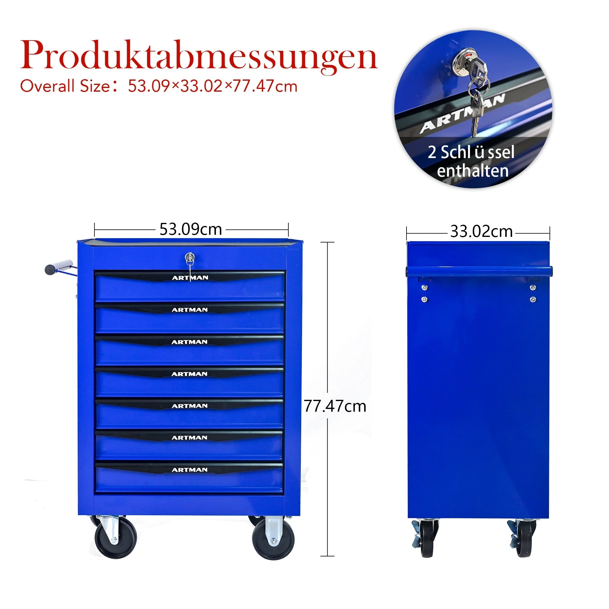 Rolling Tool Cabinet with 7 Drawers, Ball Bearing Slides, Steel Black & Blue - Image 5