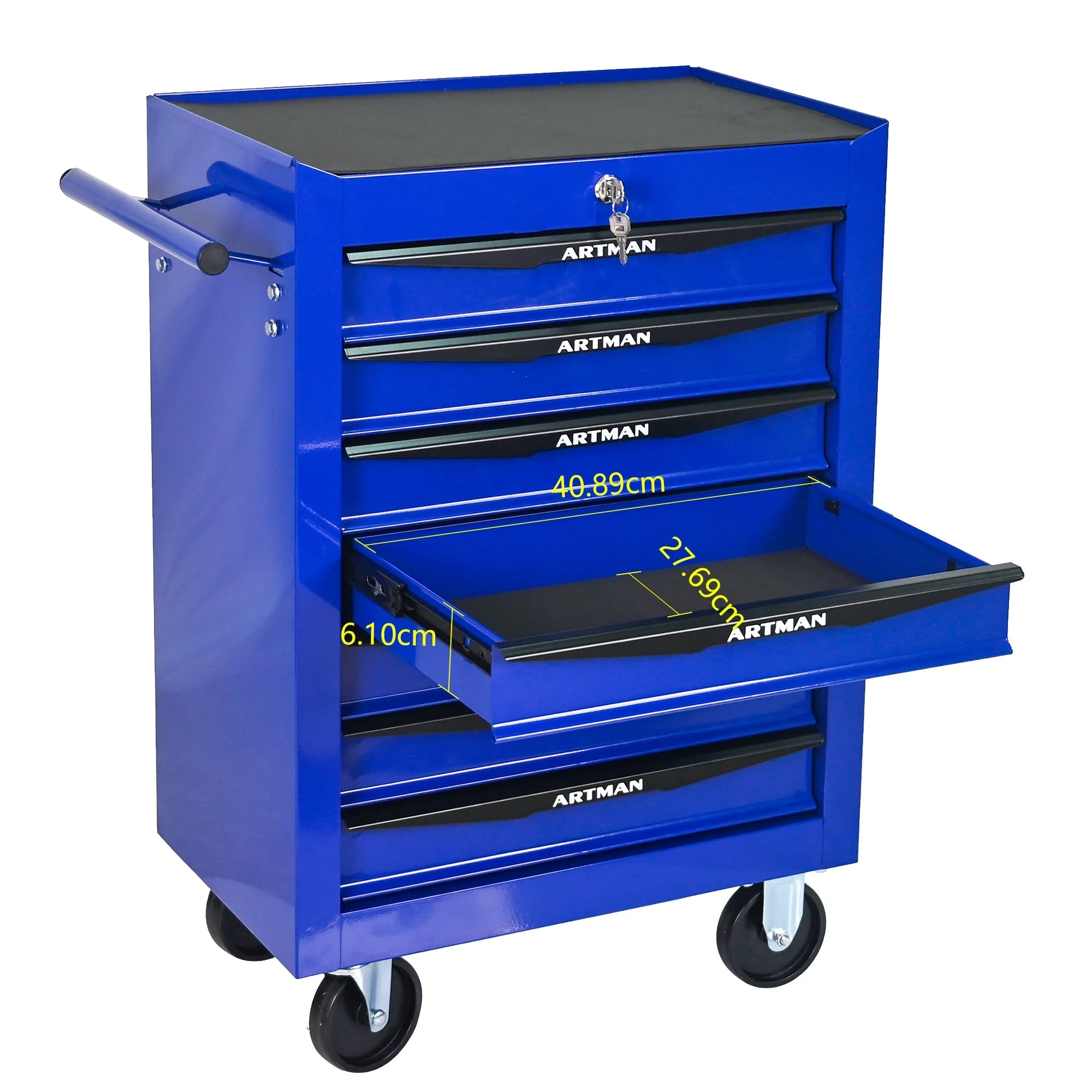 Rolling Tool Cabinet with 7 Drawers, Ball Bearing Slides, Steel Black & Blue - Image 6