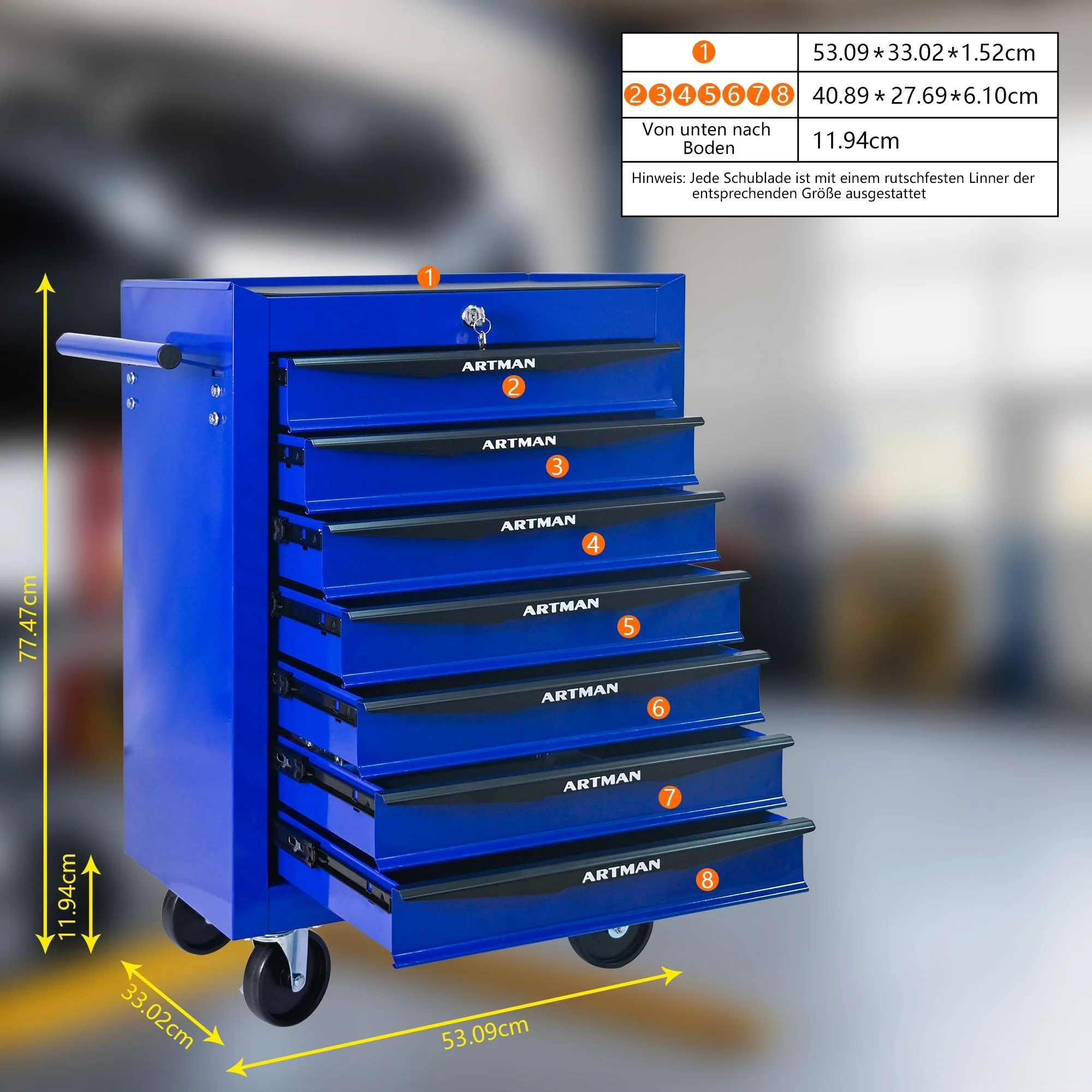 Rolling Tool Cabinet with 7 Drawers, Ball Bearing Slides, Steel Black & Blue - Image 7