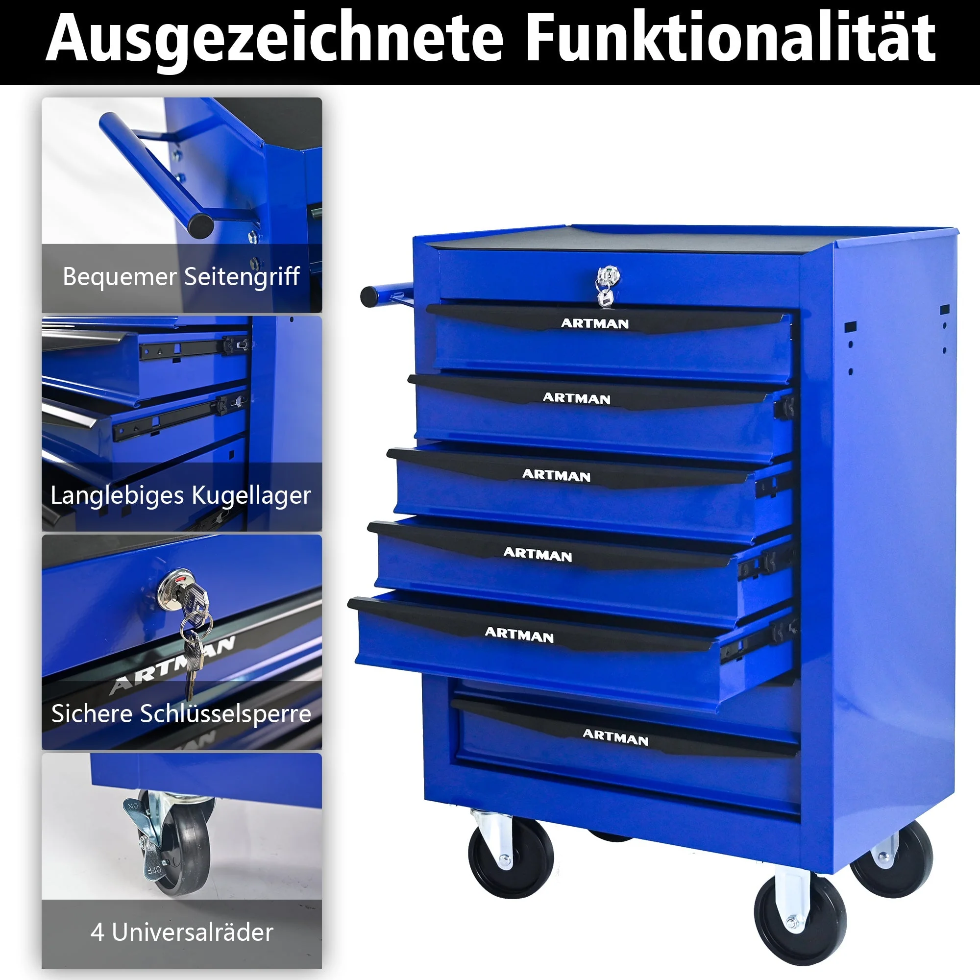Rolling Tool Cabinet with 7 Drawers, Ball Bearing Slides, Steel Black & Blue - Image 8