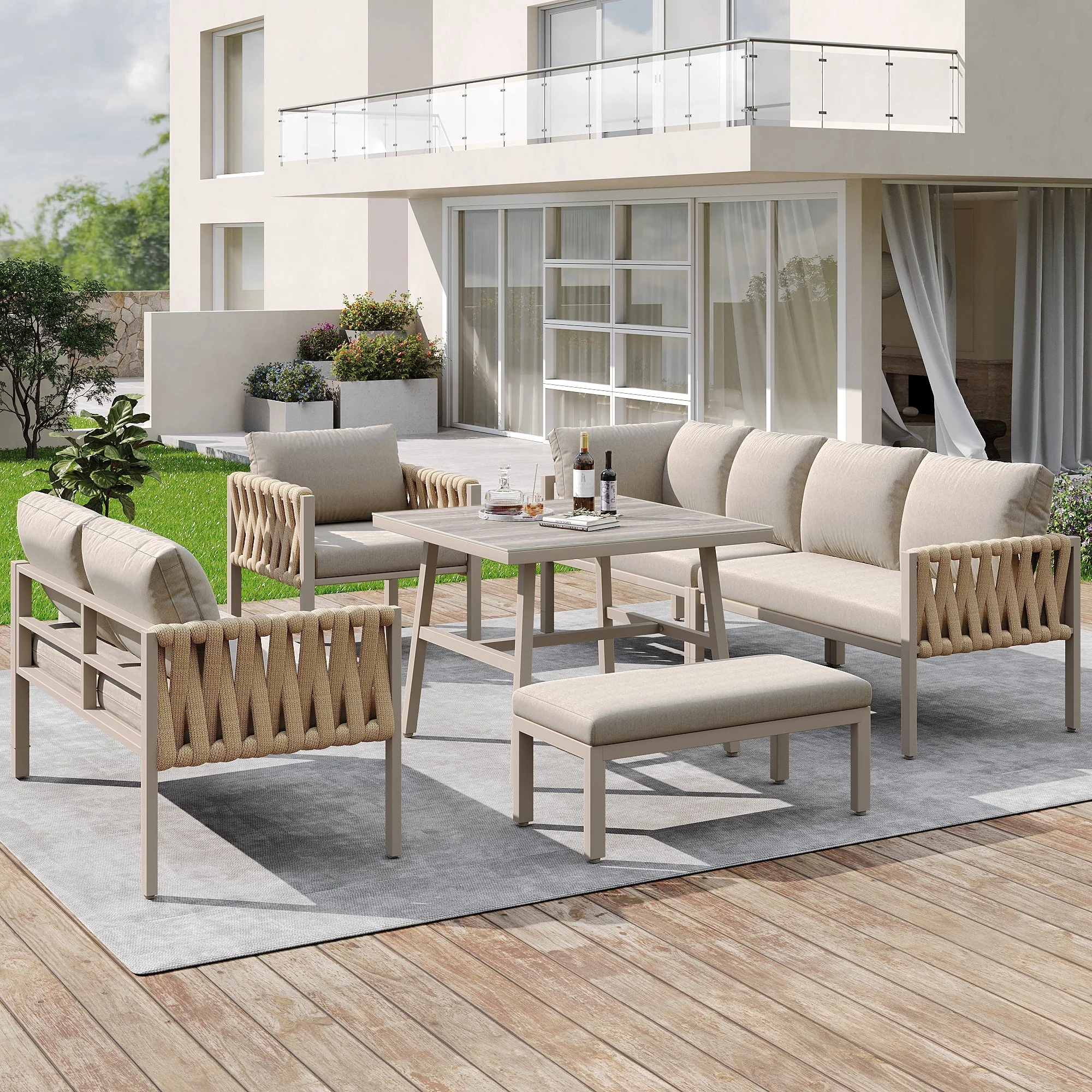 Rope Garden Furniture Set Corner Sofa Adjustable Legs Tempered Glass Beige - Image 2