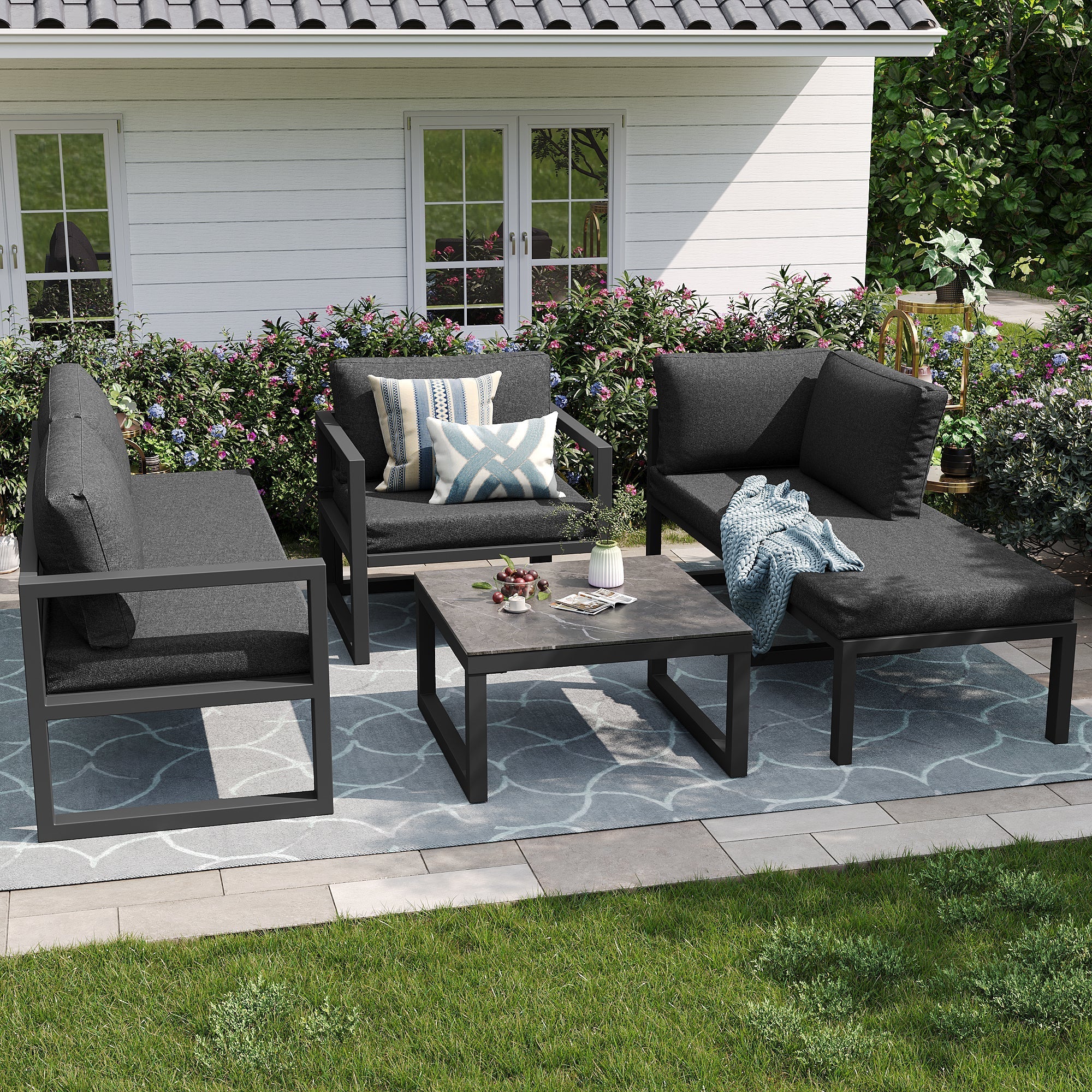 Rope Garden Lounge Set Corner Sofa Adjustable Legs - Grey - Image 2