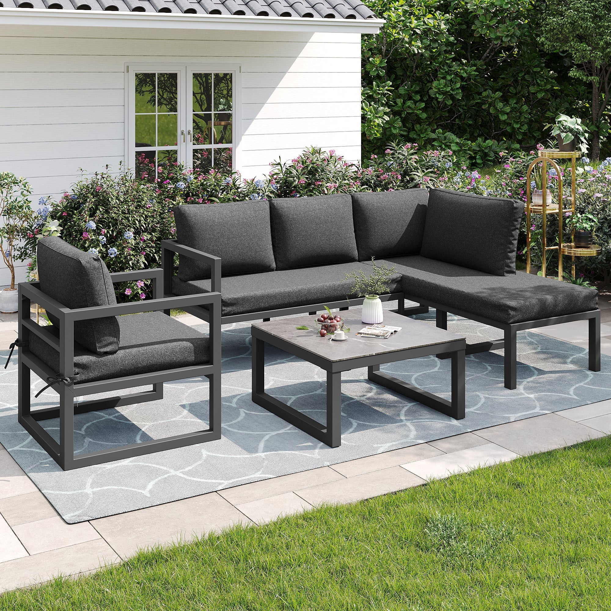 Rope Garden Lounge Set Corner Sofa Adjustable Legs - Grey - Image 3