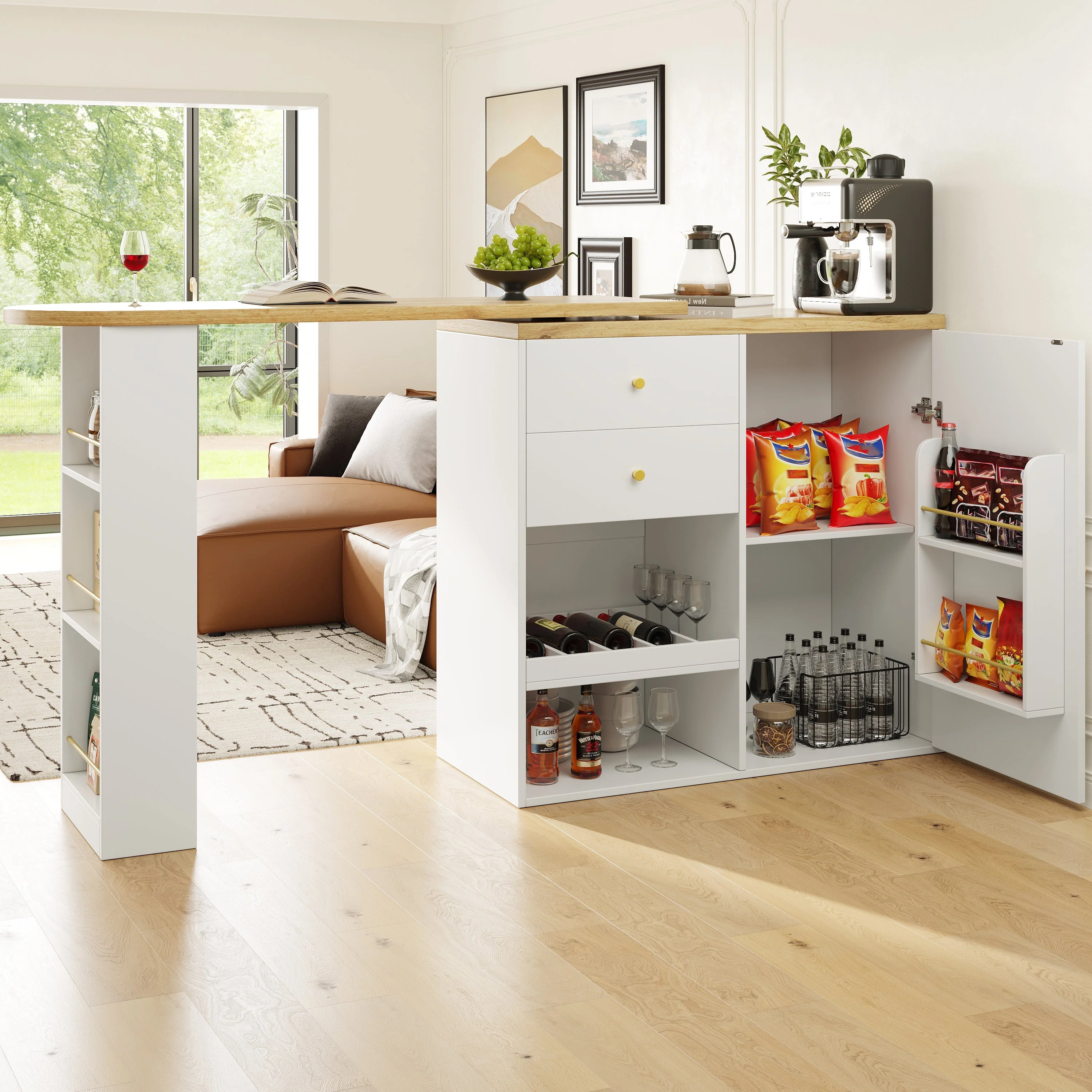 Rotating Bar Table 2 Drawers Sliding Cabinet Open Storage - Image 3