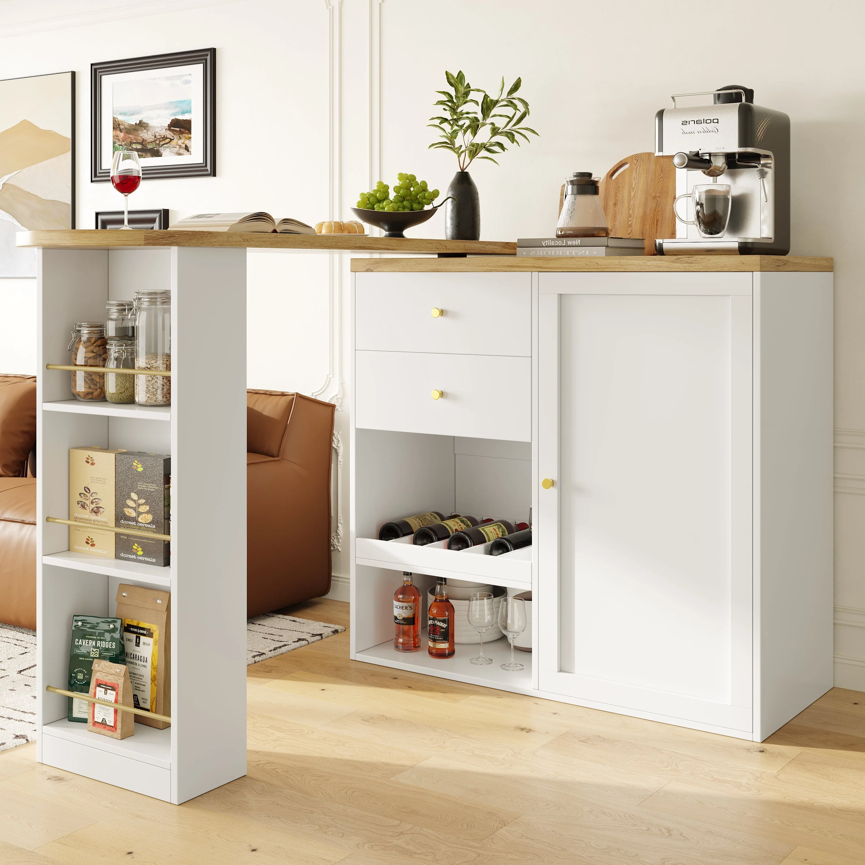 Rotating Bar Table 2 Drawers Sliding Cabinet Open Storage - Image 5