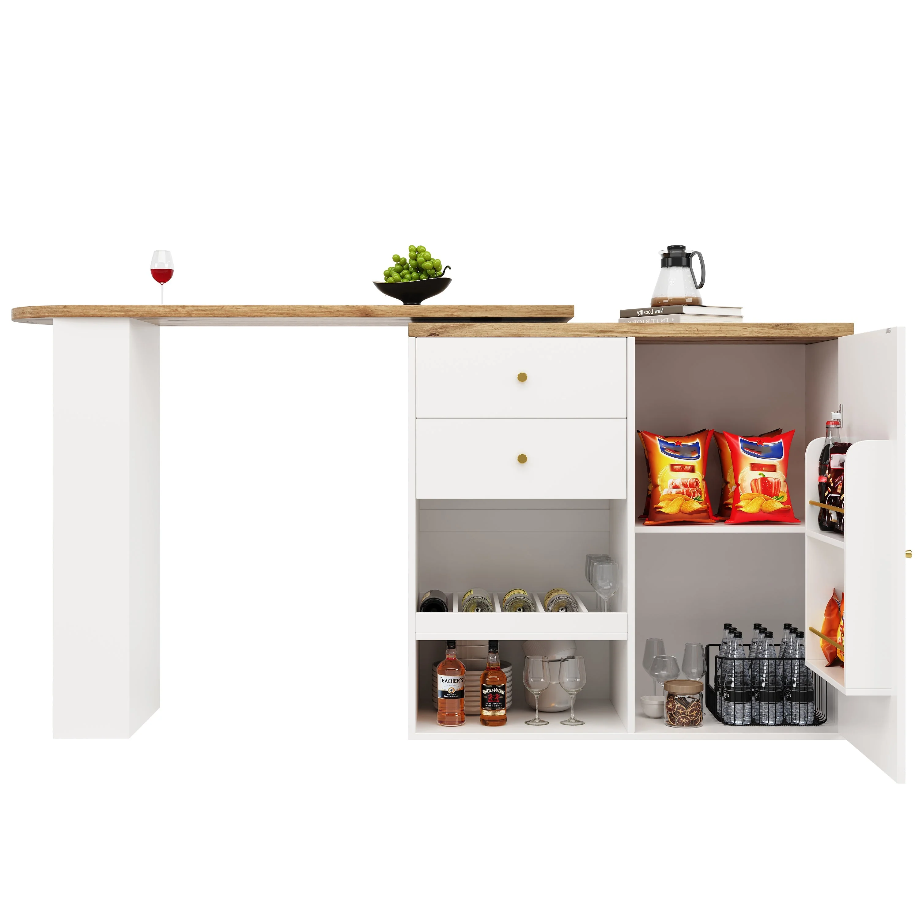 Rotating Bar Table 2 Drawers Sliding Cabinet Open Storage - Image 6