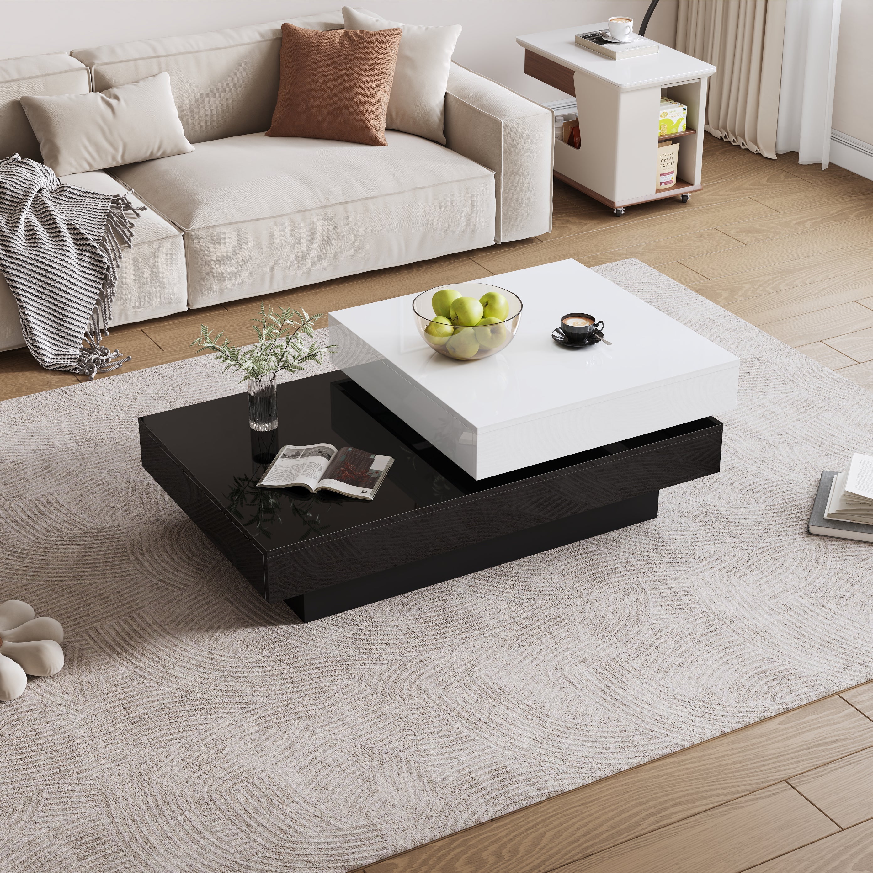 Rotating Coffee Table, Double-Layer with High Gloss Surface, Black and White - Image 2
