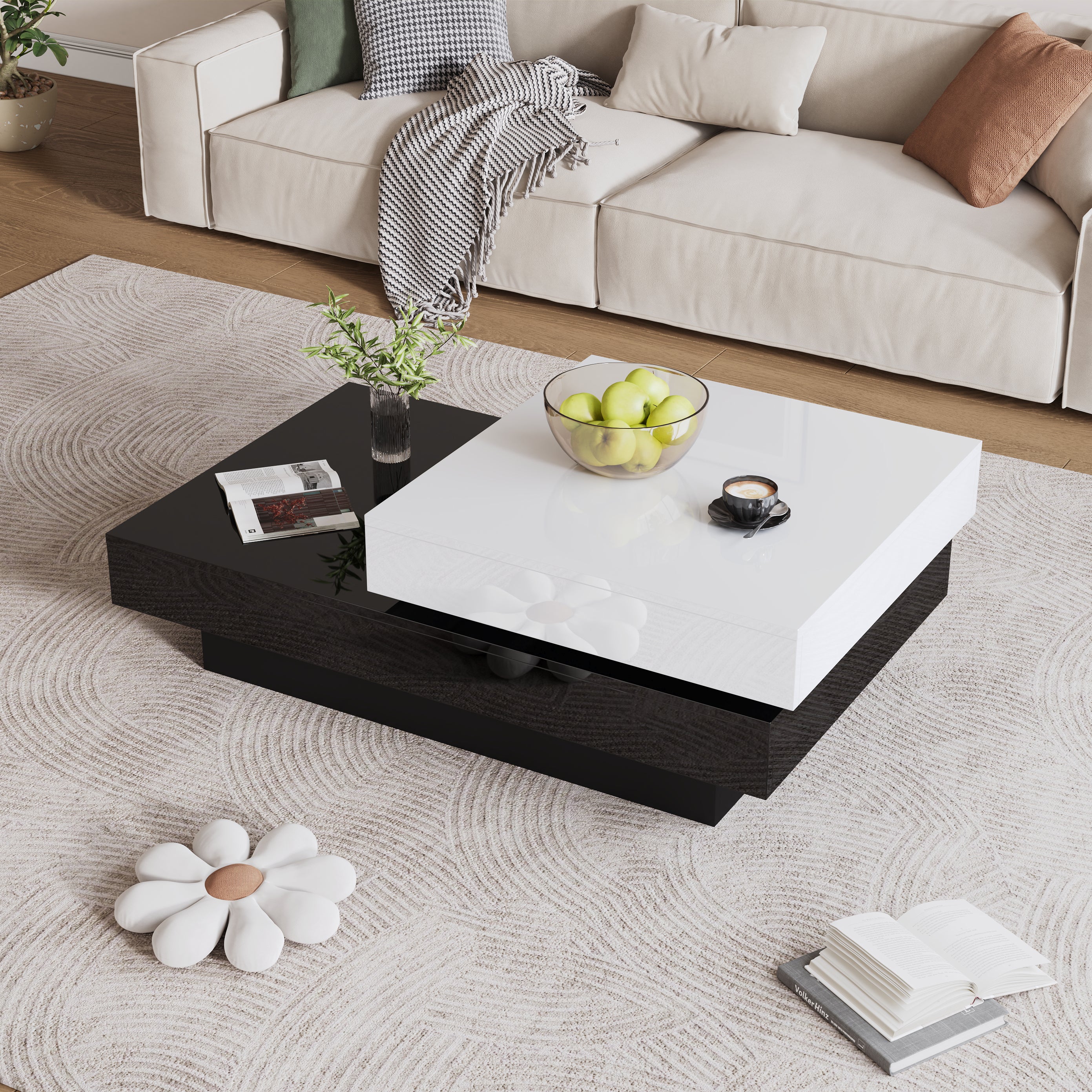 Rotating Coffee Table, Double-Layer with High Gloss Surface, Black and White - Image 3