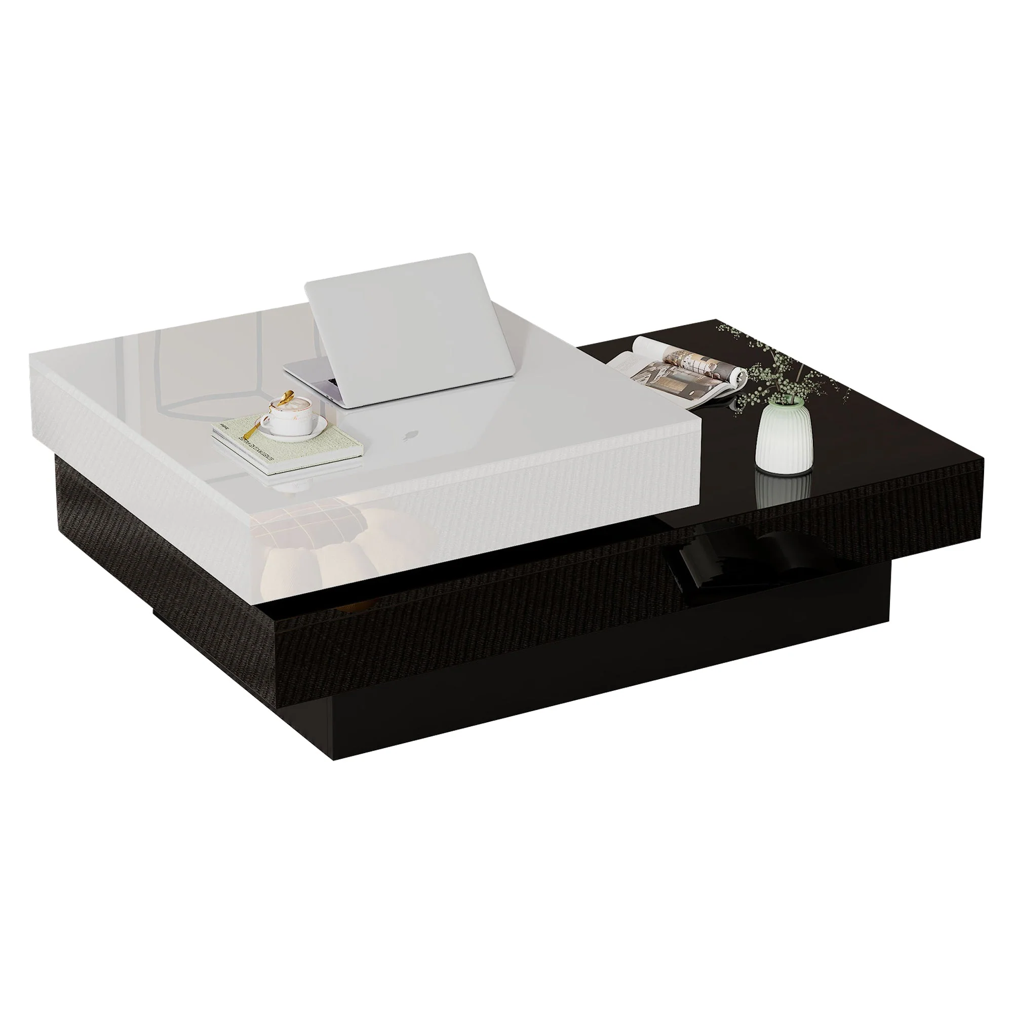 Rotating Coffee Table, Double-Layer with High Gloss Surface, Black and White - Image 4