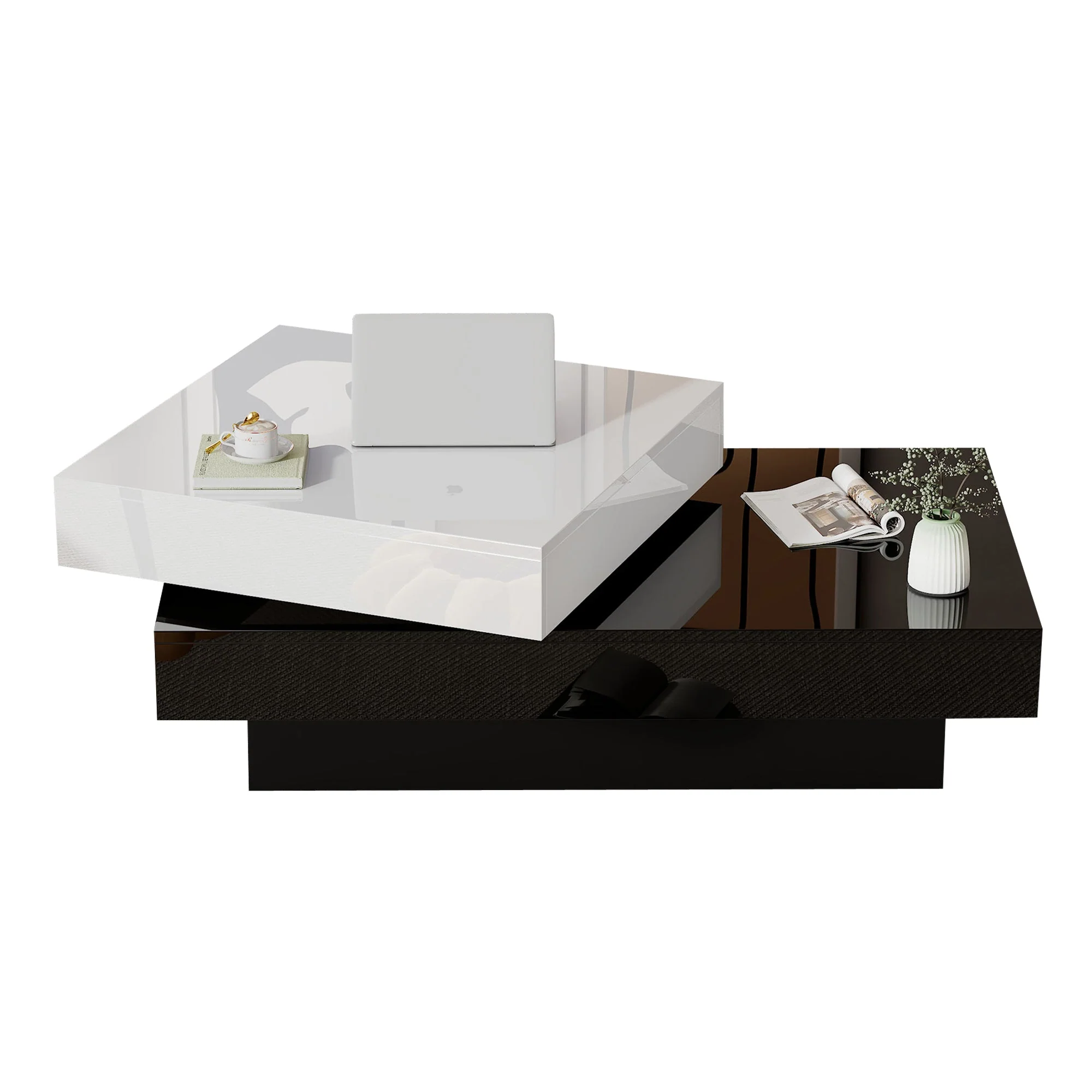Rotating Coffee Table, Double-Layer with High Gloss Surface, Black and White - Image 5