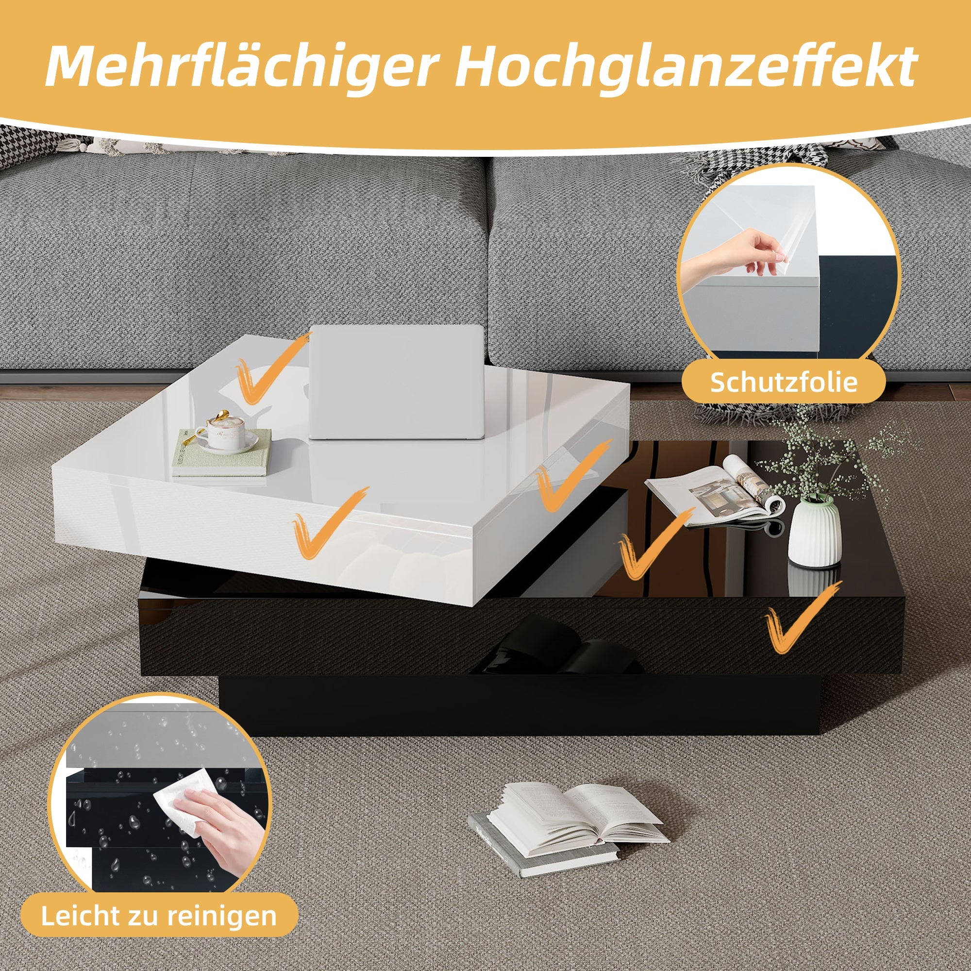 Rotating Coffee Table, Double-Layer with High Gloss Surface, Black and White - Image 7