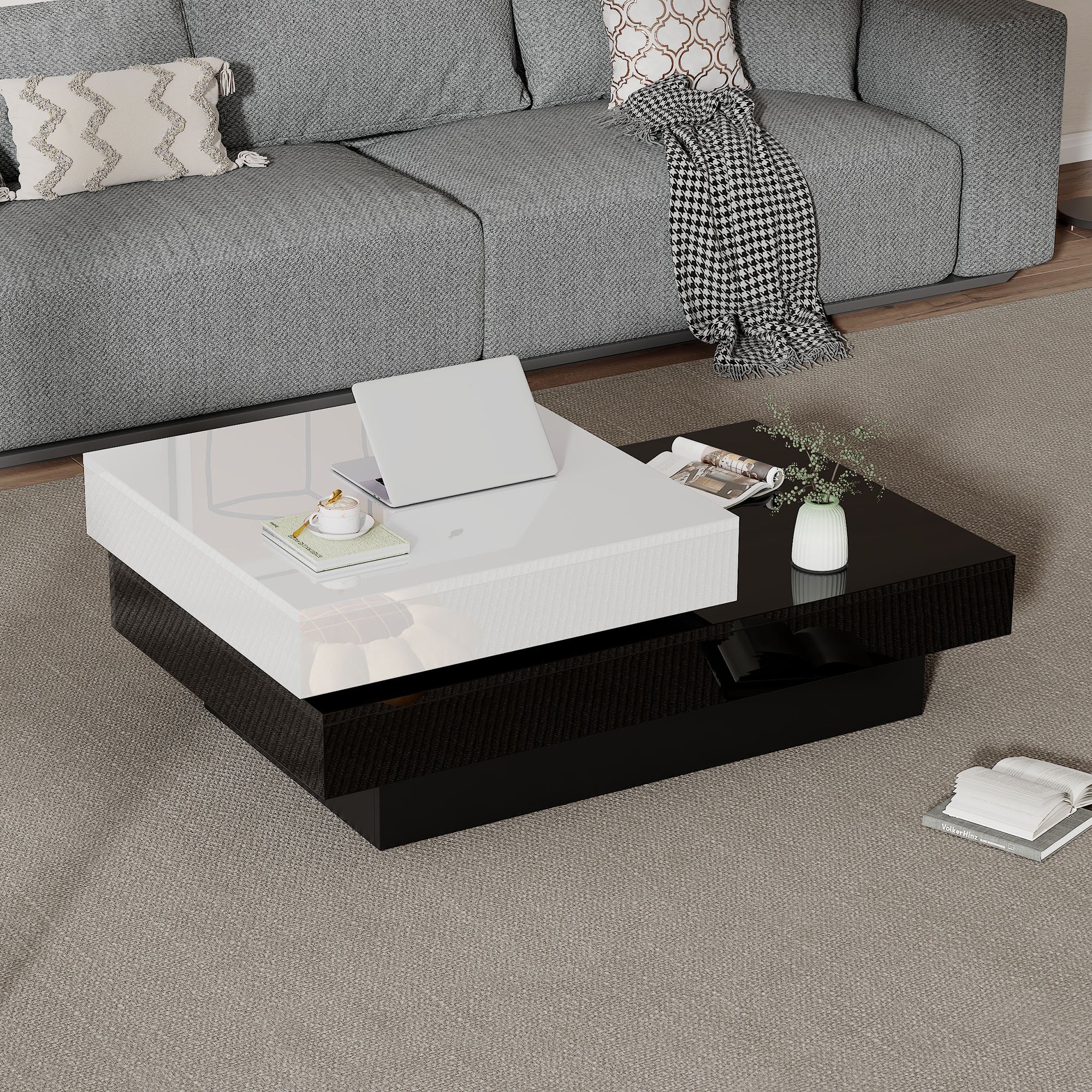 Rotating Coffee Table, Double-Layer with High Gloss Surface, Black and White - Image 8