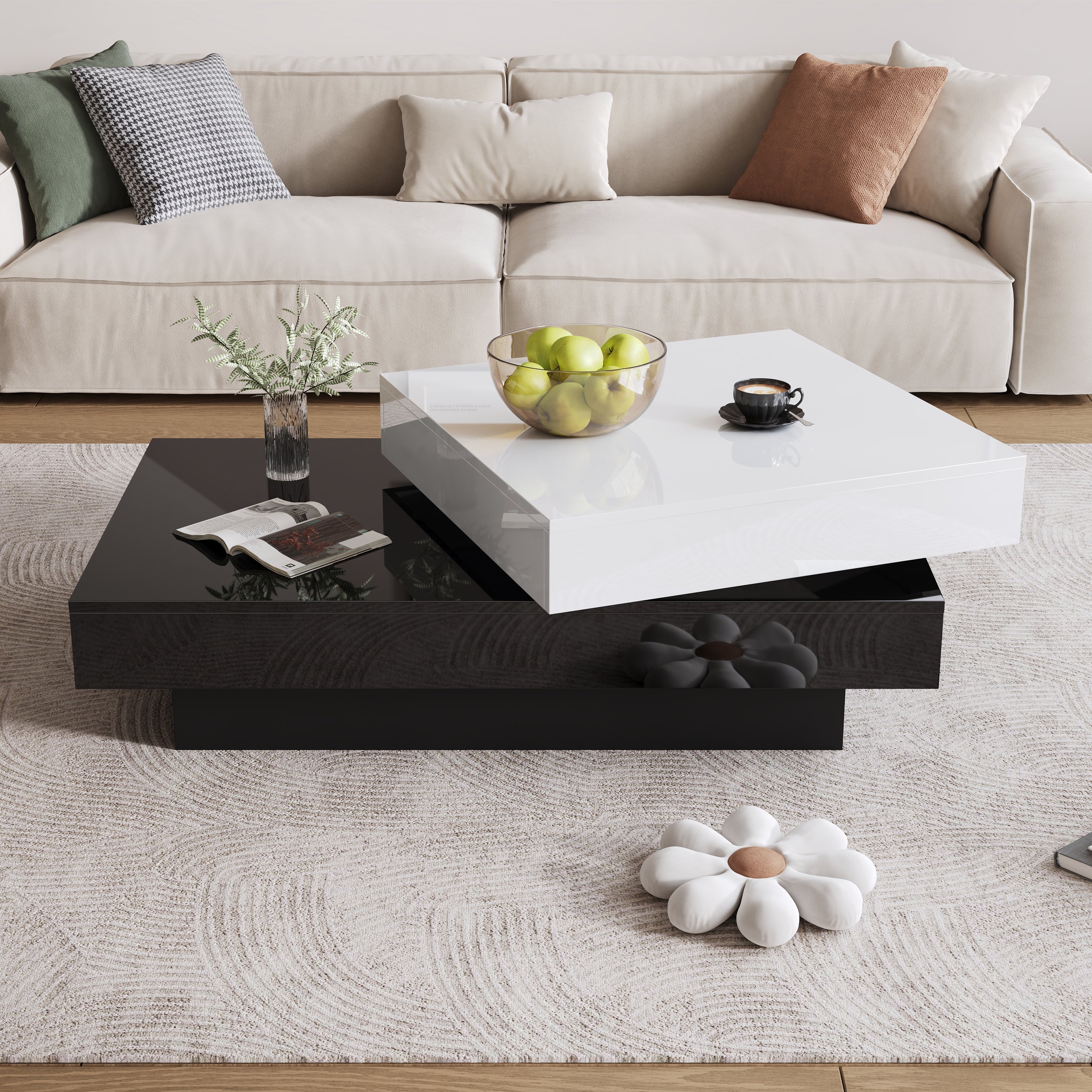 Rotating Coffee Table, Double-Layer with High Gloss Surface, Black and White - Image 9
