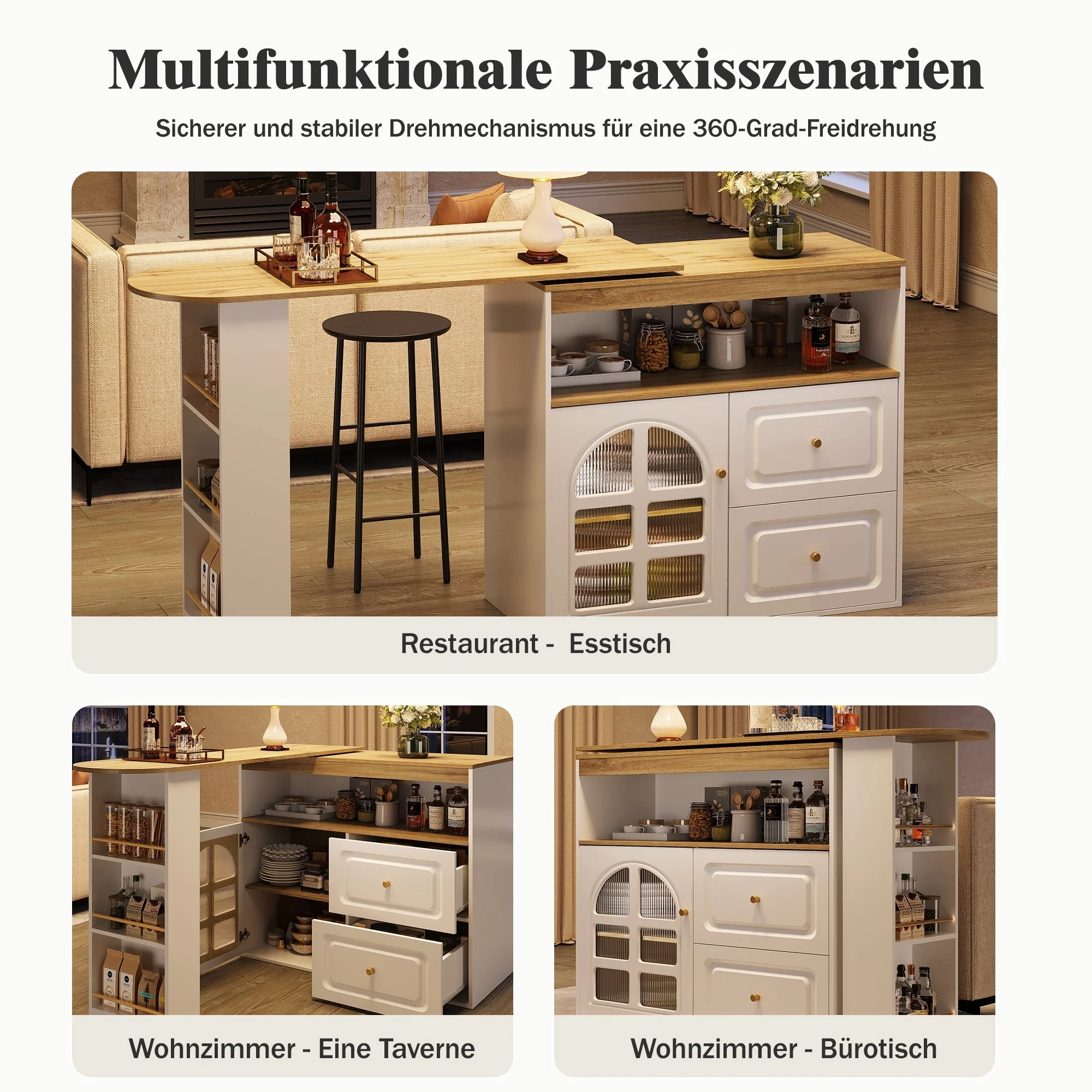 Rotating Dining Bar Sideboard 360° Swivel with 2 Drawers Snack Shelf Curved Glass White - Image 9