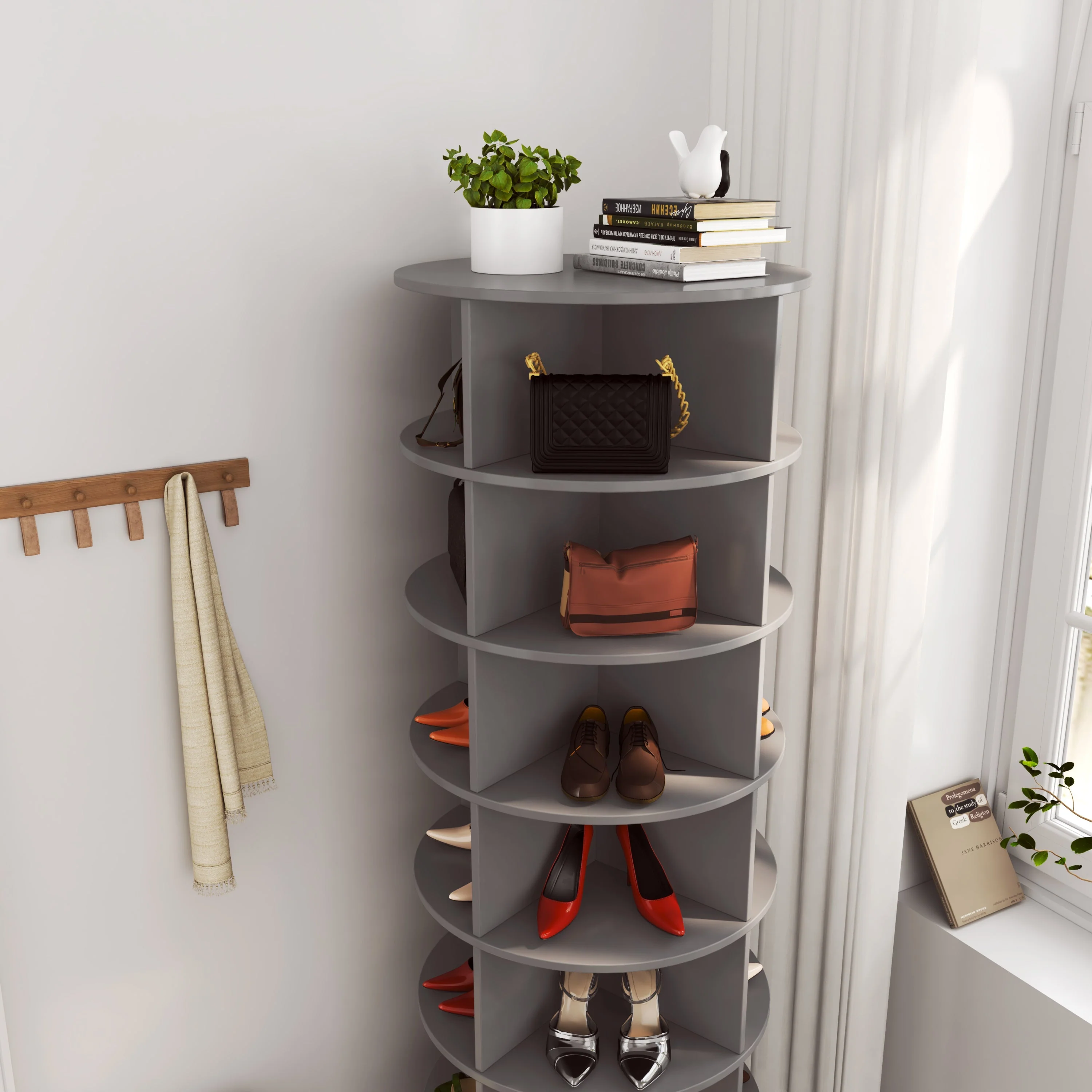 Rotating Shoe Cabinet 360° 7 Shelves 28 Pair Capacity - Grey - Image 4