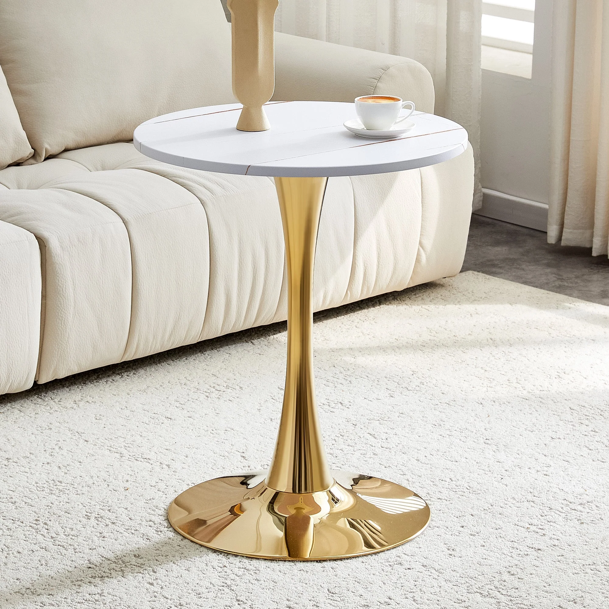 Round 60cm Side/Dining Table MDF Golden Leg White Grain - Image 3