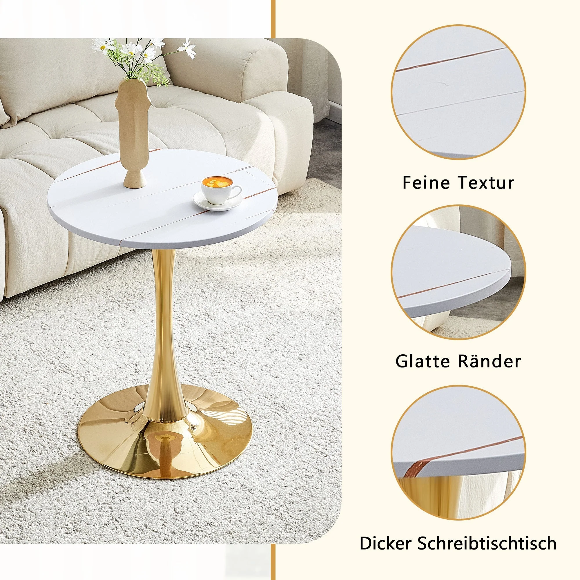 Round 60cm Side/Dining Table MDF Golden Leg White Grain - Image 7