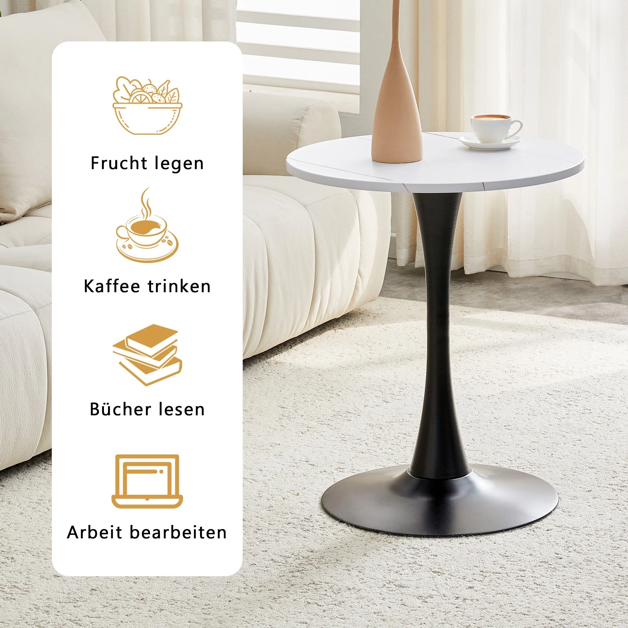 Round 60cm Side Table Small Dining Table MDF Thermoforming Black Leg White Grain Look - Image 5