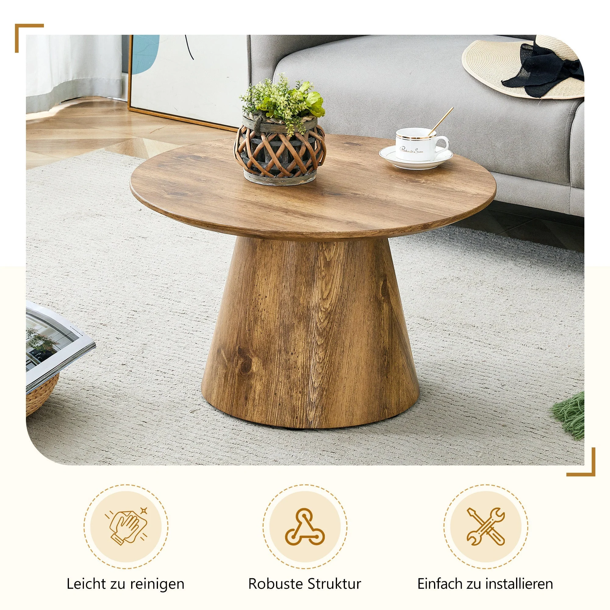 Round Coffee Table 60cm Diameter Side Table - Natural Wood Look (MDF) - Image 5