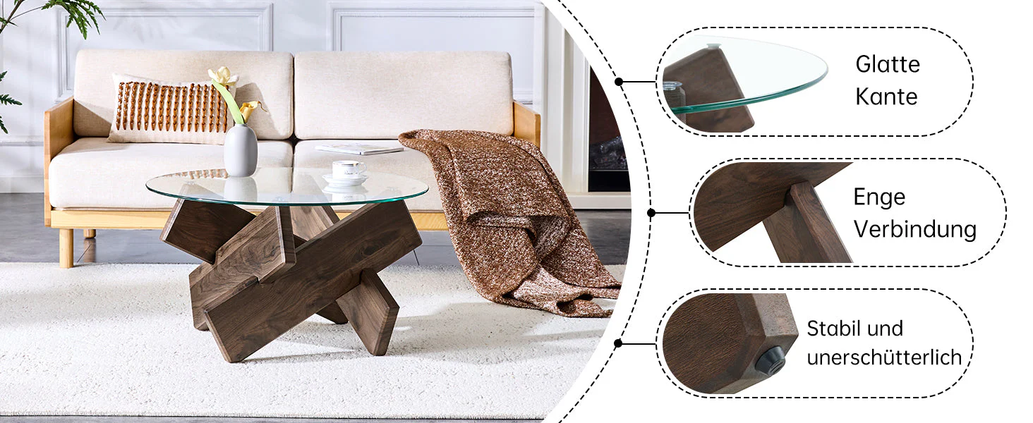 Round Coffee Table 79cm Tempered Glass Top Deep Legs - Walnut Wood Grain MDF - Image 10