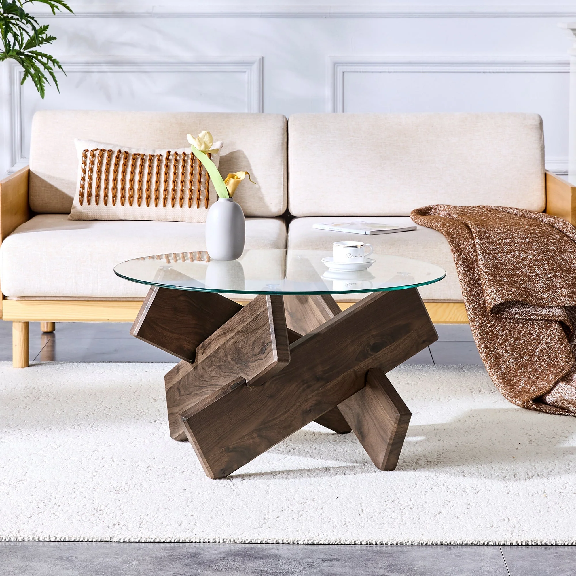 Round Coffee Table 79cm Tempered Glass Top Deep Legs - Walnut Wood Grain MDF - Image 2