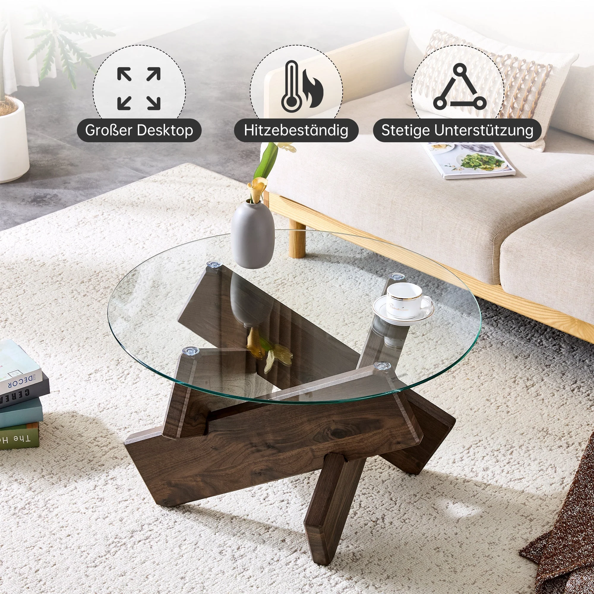 Round Coffee Table 79cm Tempered Glass Top Deep Legs - Walnut Wood Grain MDF - Image 5