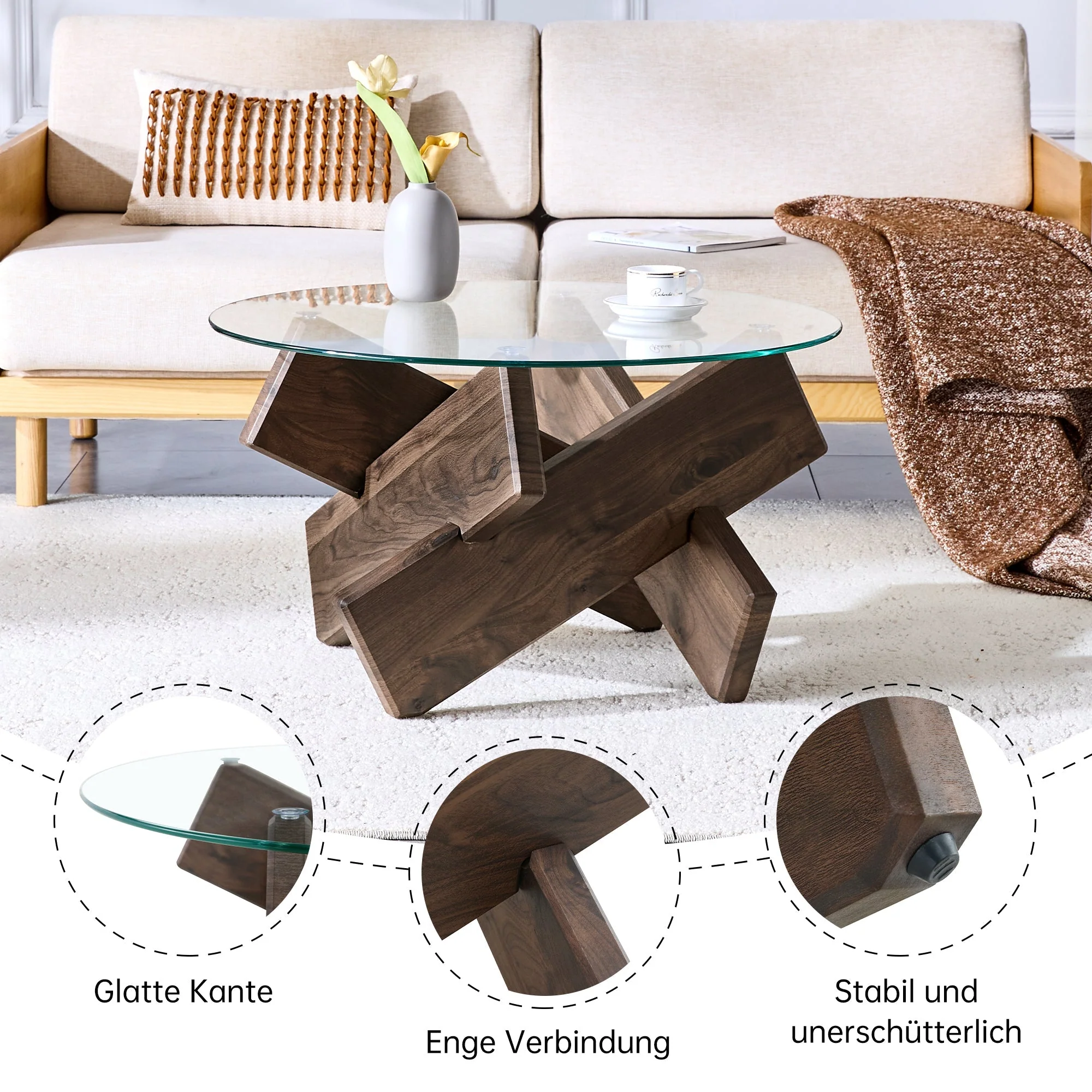 Round Coffee Table 79cm Tempered Glass Top Deep Legs - Walnut Wood Grain MDF - Image 6