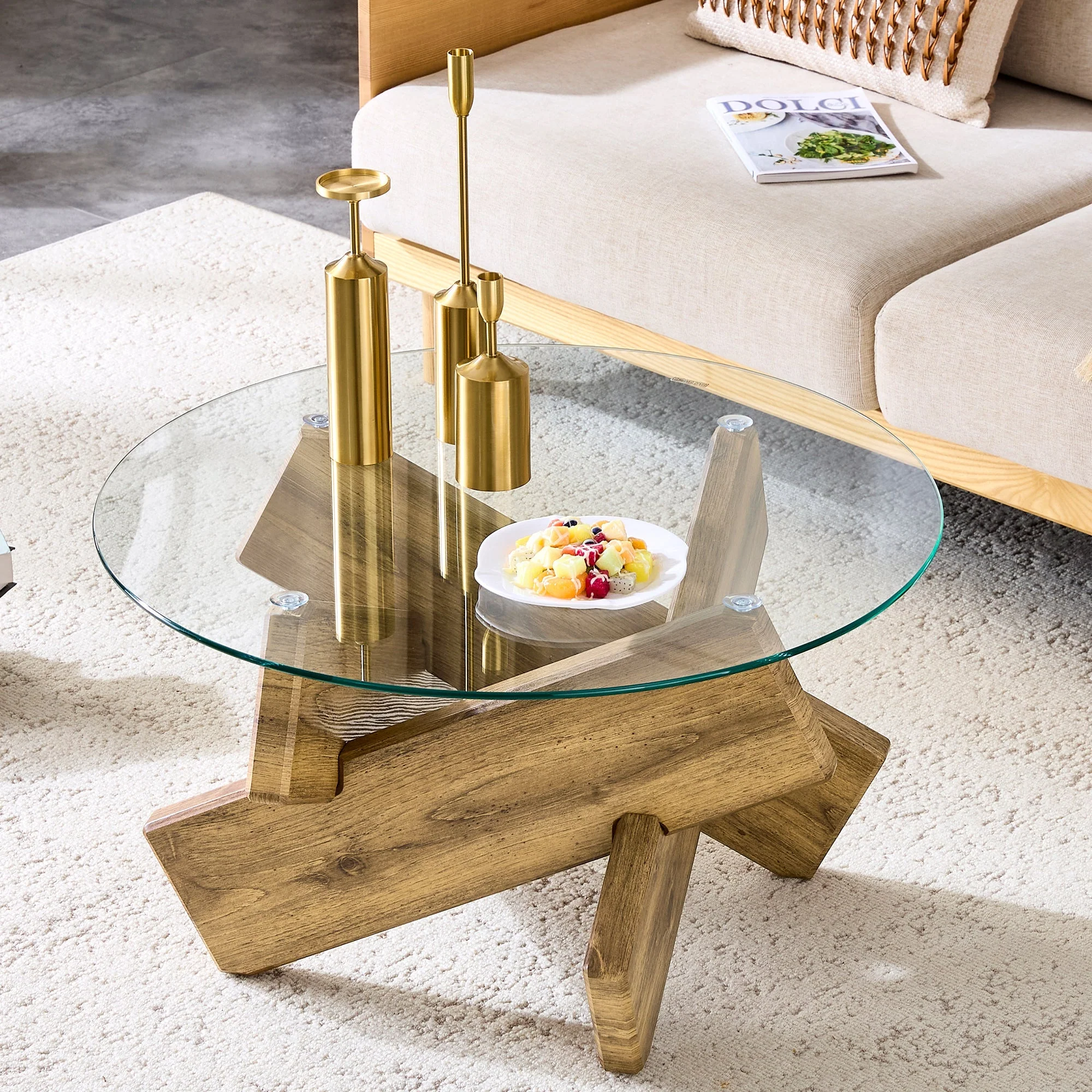 Round Coffee Table Glass Top 79cm Cross Frame - Multi-Color MDF - Image 3