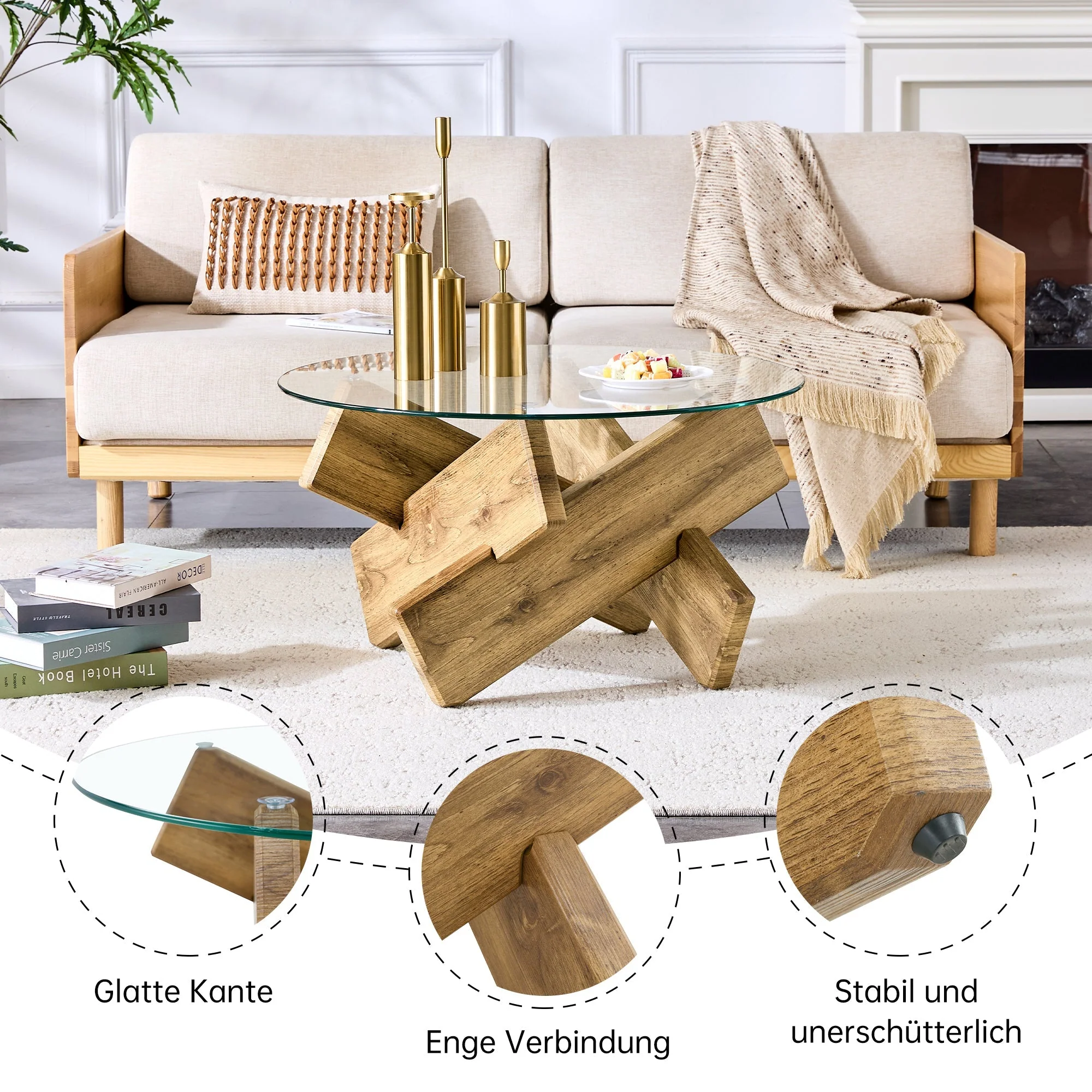 Round Coffee Table Glass Top 79cm Cross Frame - Multi-Color MDF - Image 7