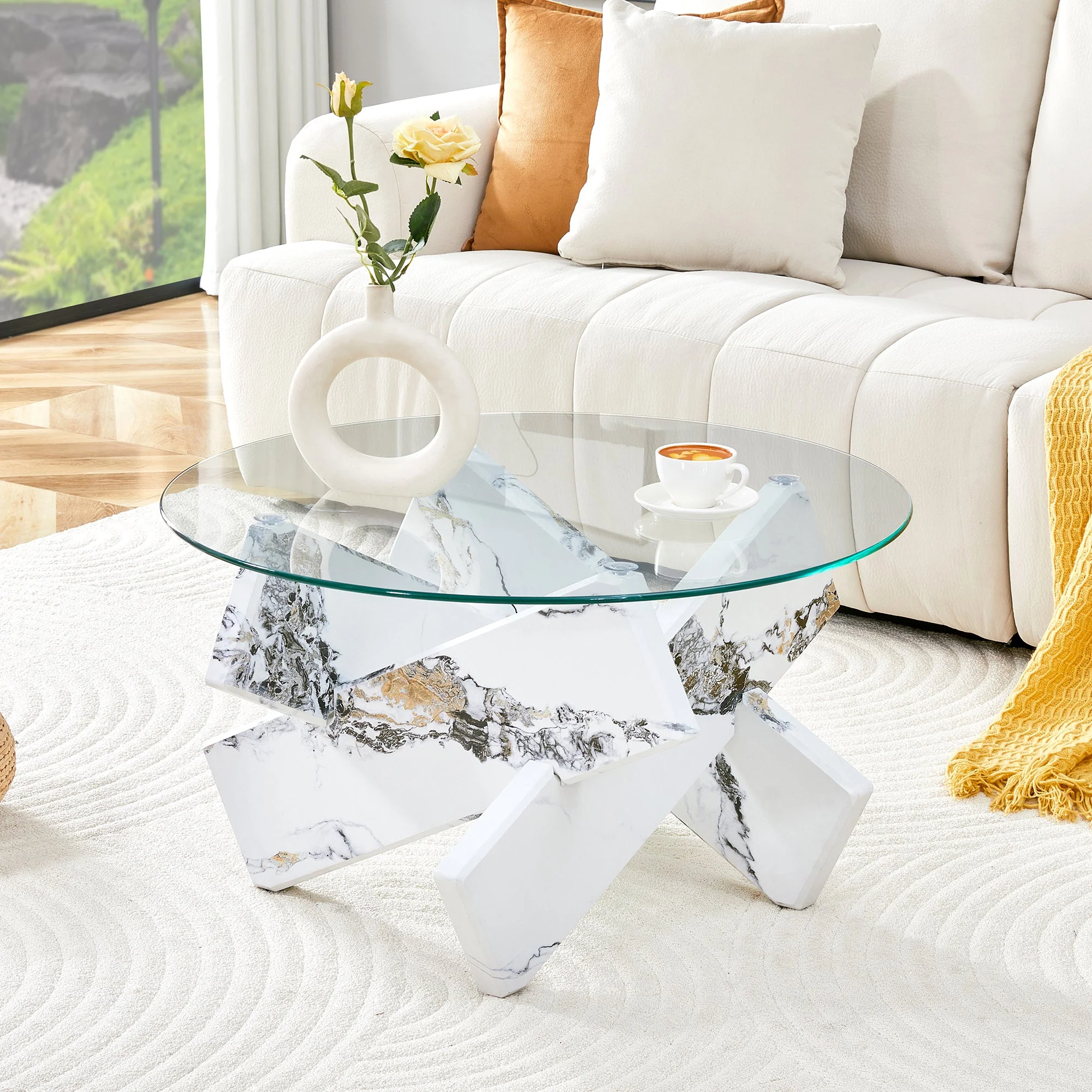 Round Coffee Table Glass Top 79cm Marble Look Legs - Multi-color