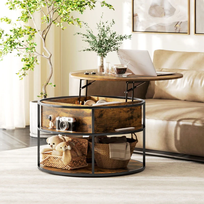 Round coffee table, height adjustable, with shelf and storage, brown - Image 2