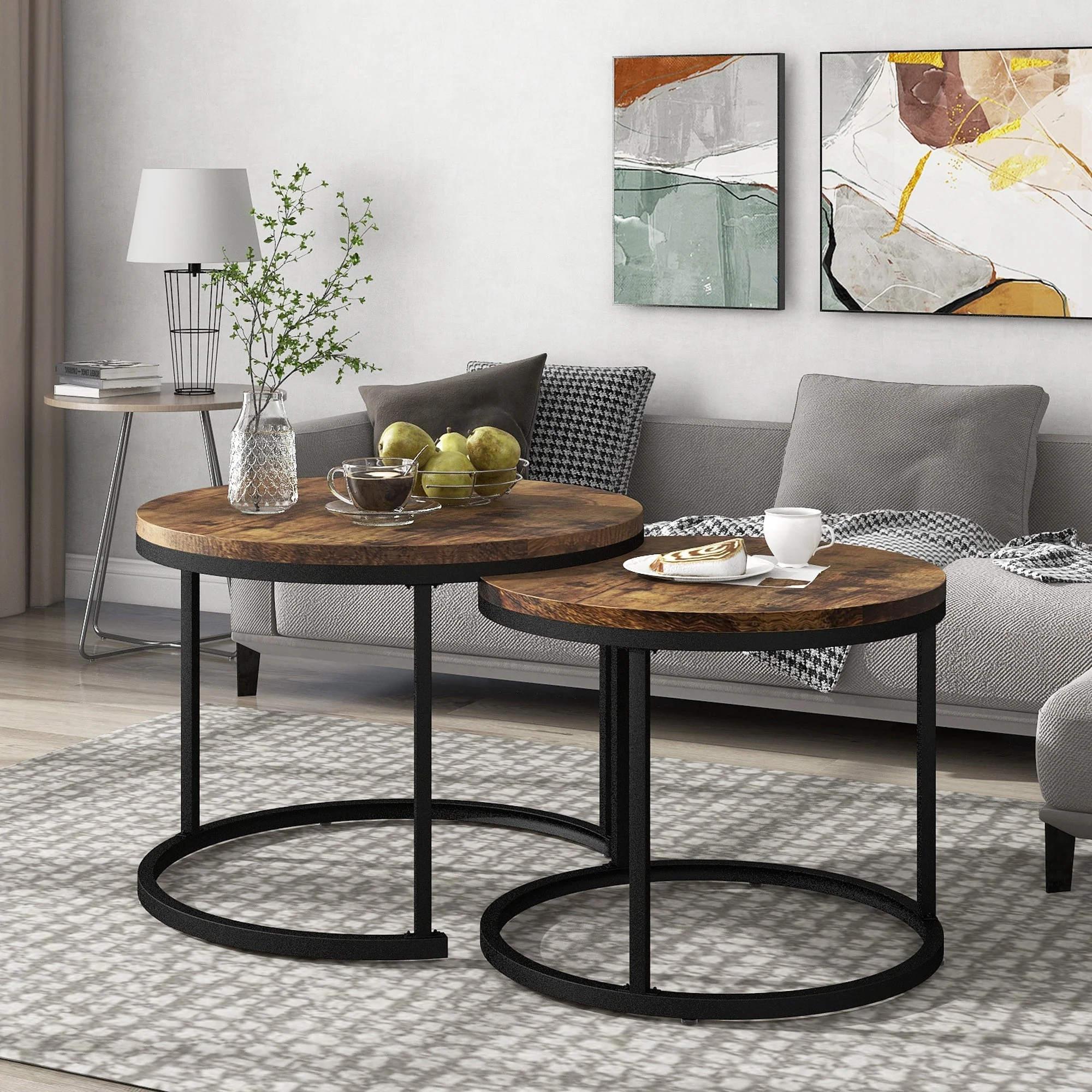 Round Coffee Table Set of 2, Nested Side Table, Brown