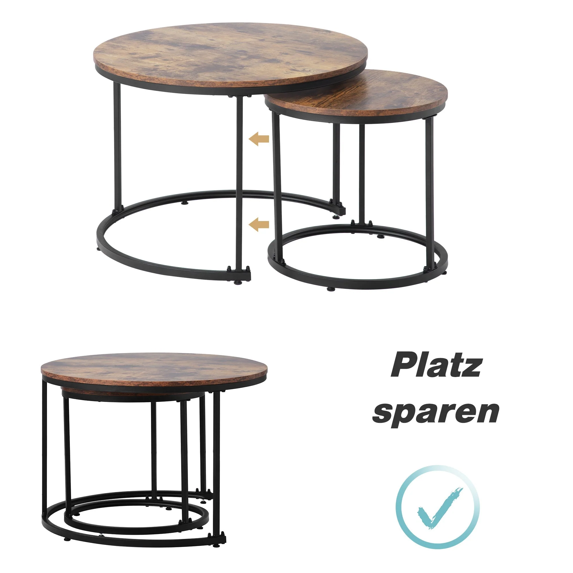 Round Coffee Table Set of 2, Nested Side Table, Brown - Image 3