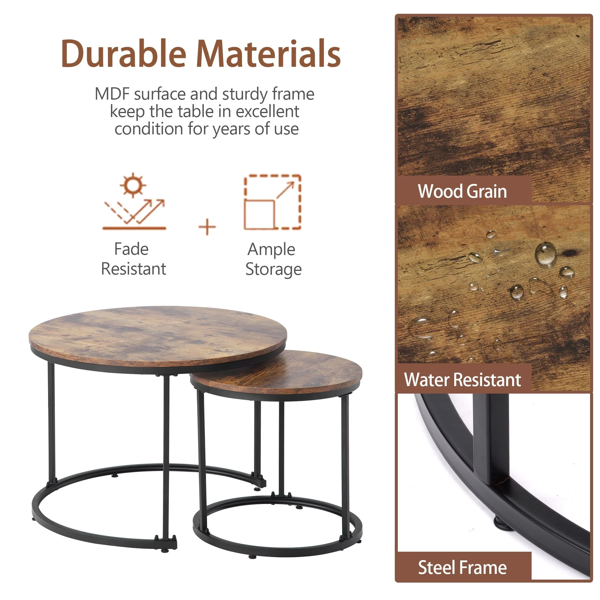 Round Coffee Table Set of 2, Nested Side Table, Brown - Image 7